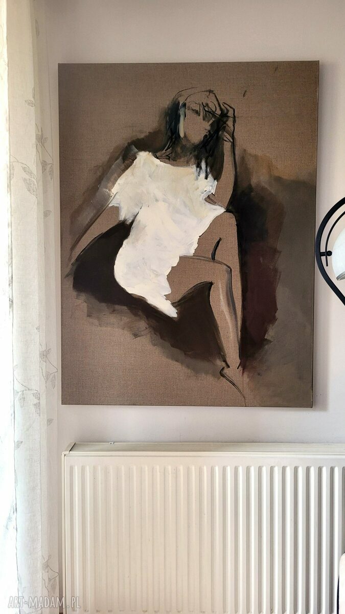 Autorski obraz „White Dress” 120x90 - czarno-biały szkic kobiety na lnianym płótnie