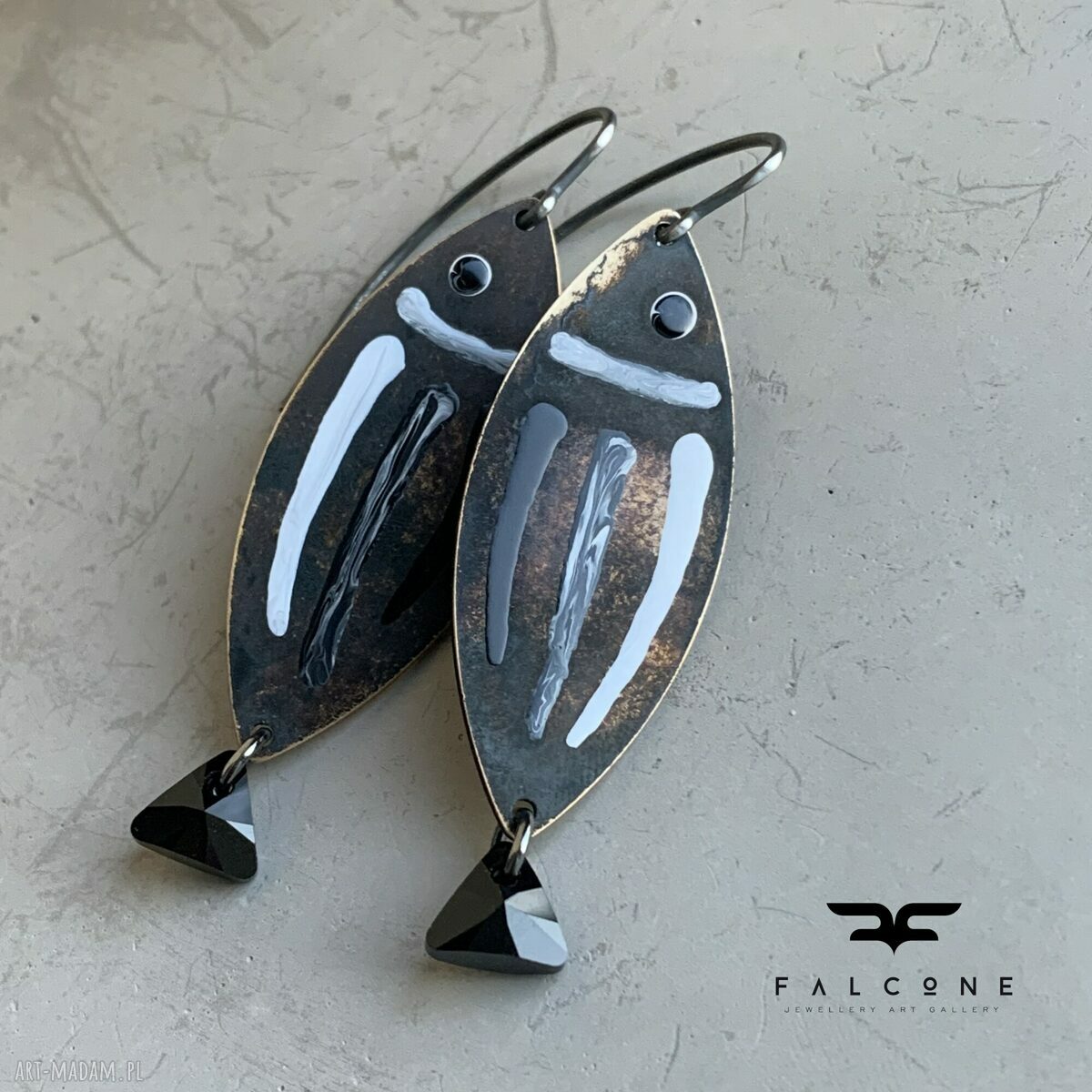 Kolczyki Fish White & Black z czarnym ogonem - ręcznie malowane