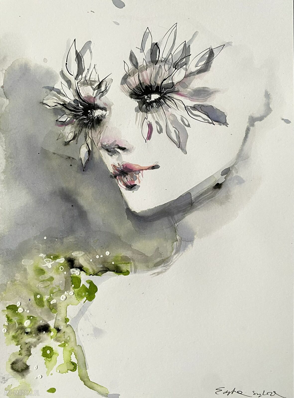 White Lashes - ilustracja modowa: akwarela i tusz na papierze, portret kobiety (20,9 x 28,9 cm, bez ramy)