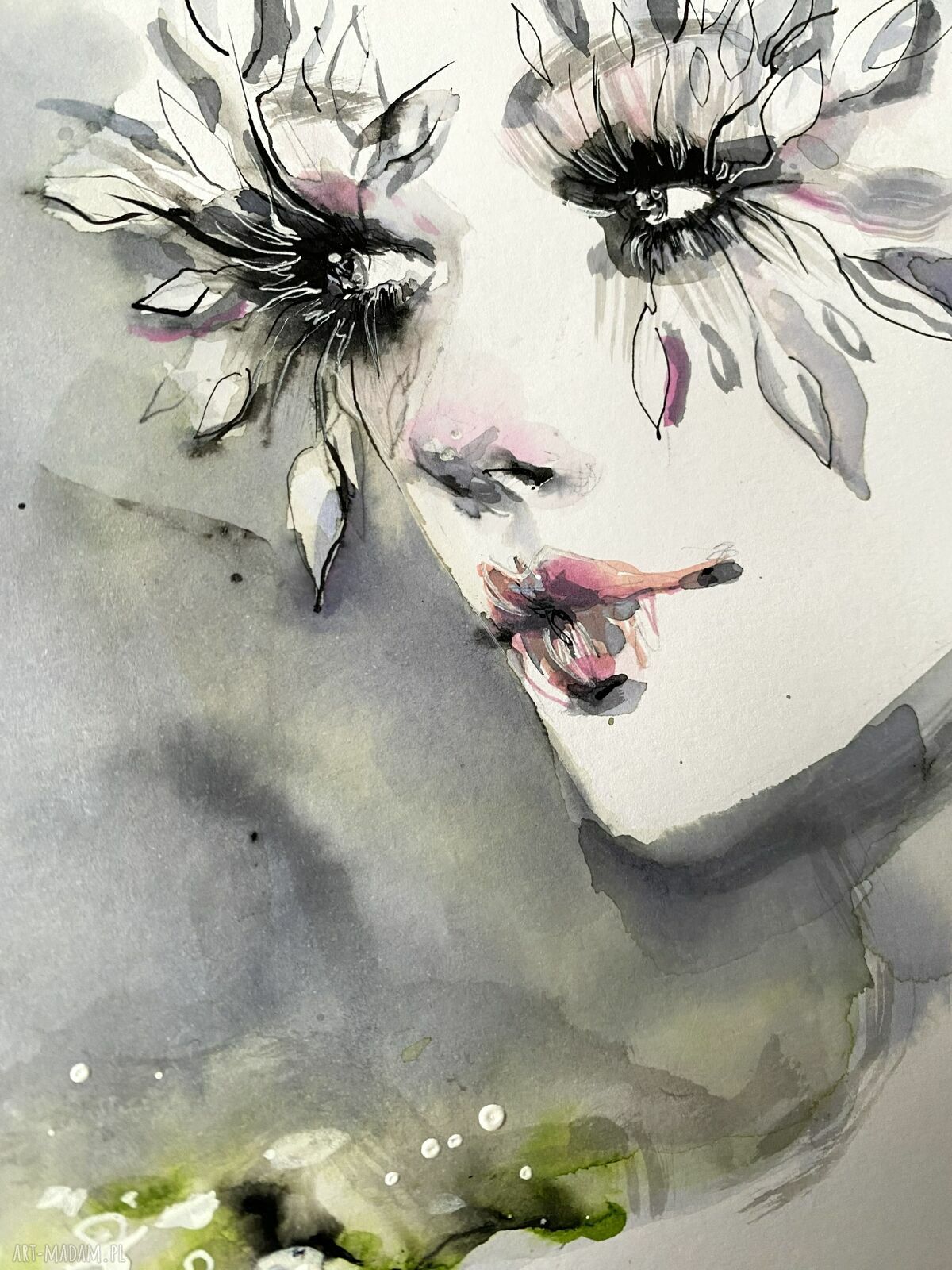 White Lashes - ilustracja modowa: akwarela i tusz na papierze, portret kobiety (20,9 x 28,9 cm, bez ramy)