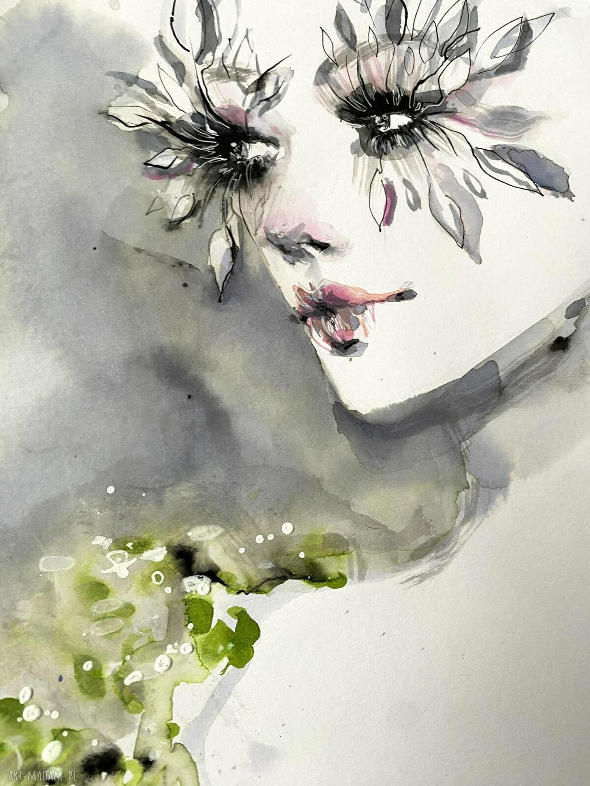 White Lashes - ilustracja modowa: akwarela i tusz na papierze, portret kobiety (20,9 x 28,9 cm, bez ramy)