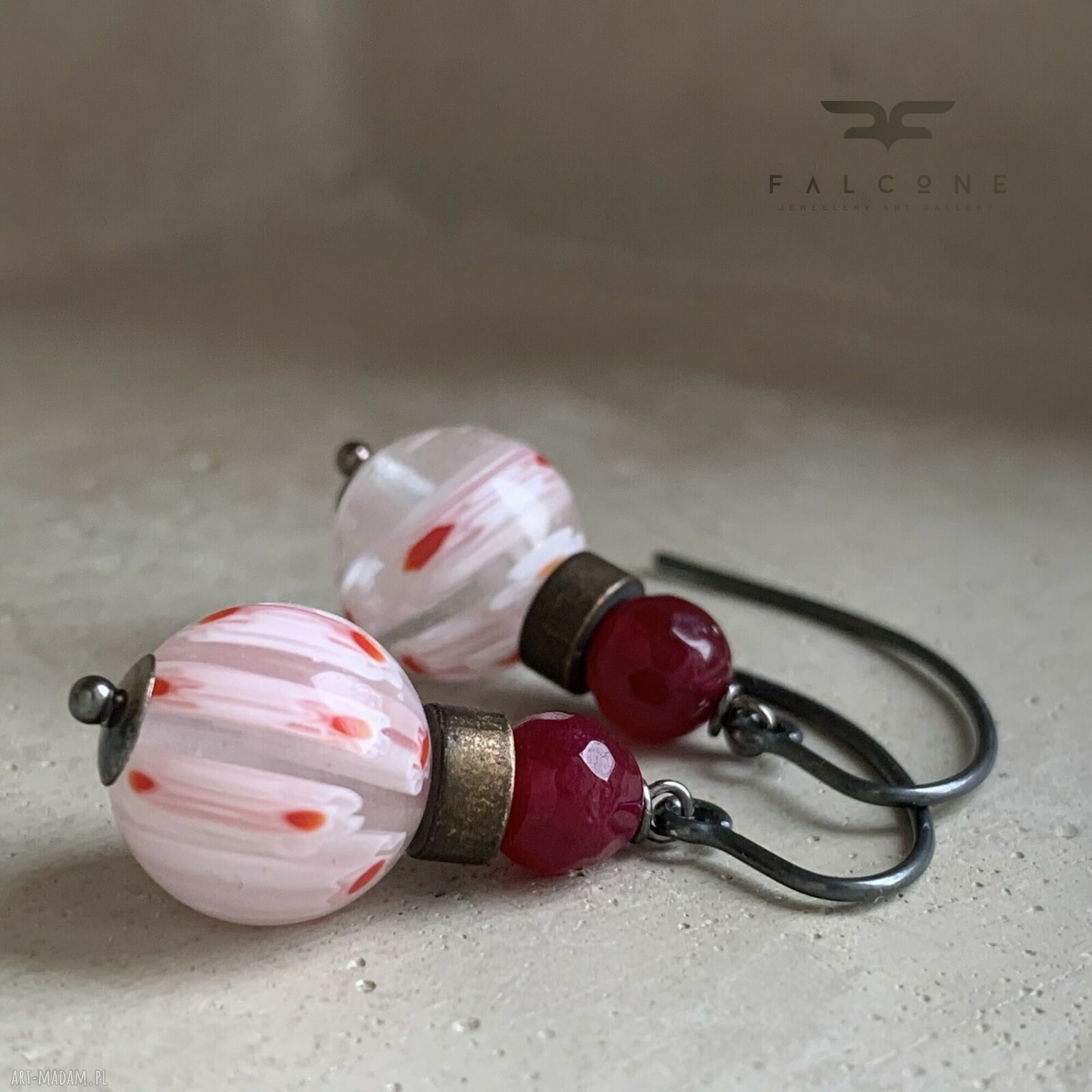 Kolczyki White Millefiori & Bordo z jadeitem, szkłem millefiori i biglami z oksydowanego srebra