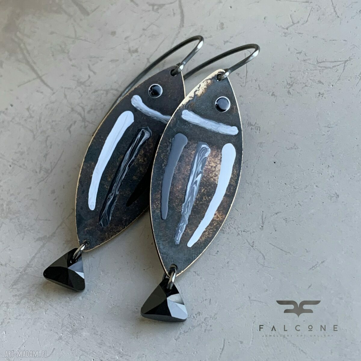 Kolczyki Fish White & Black z czarnym ogonem - ręcznie malowane