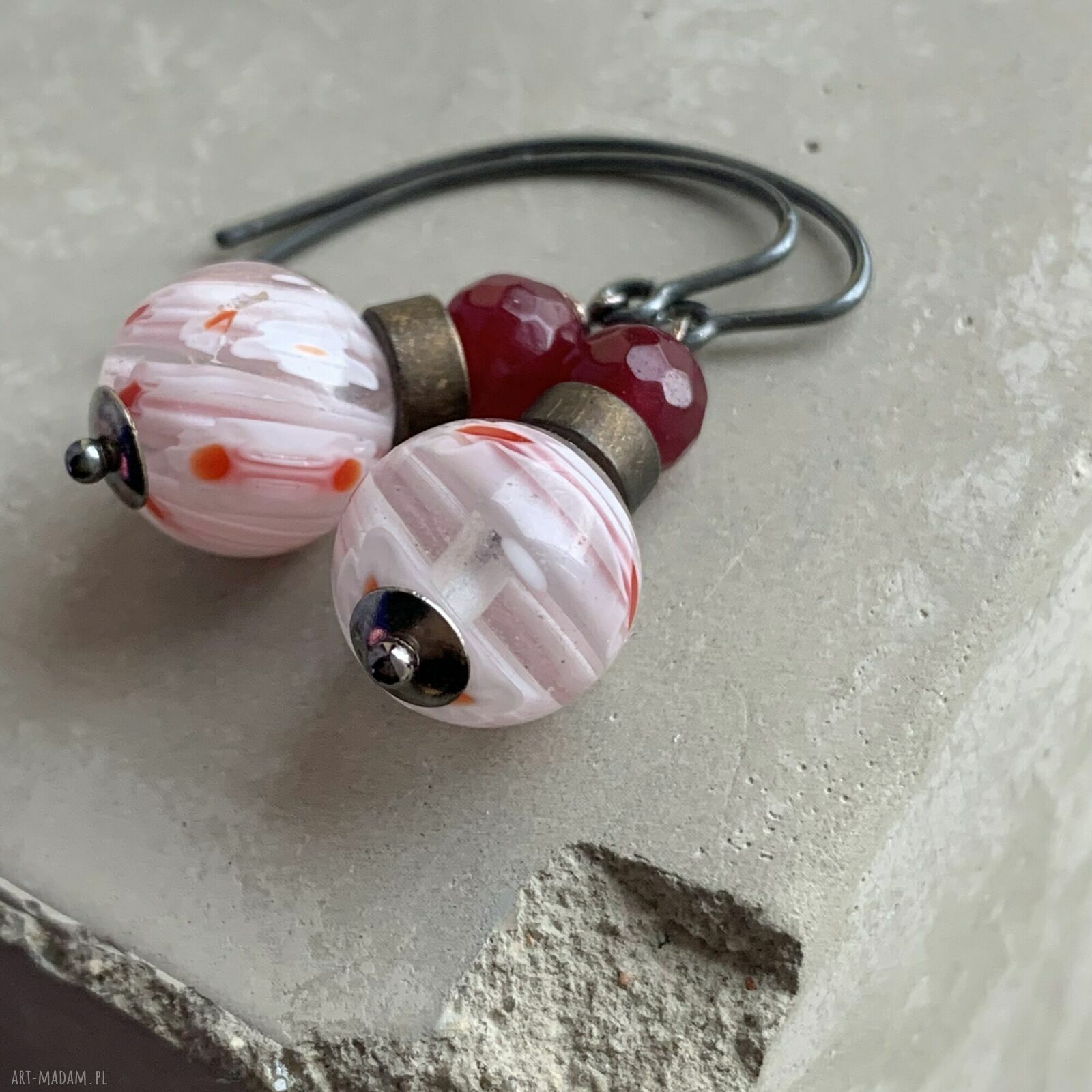 Kolczyki White Millefiori & Bordo z jadeitem, szkłem millefiori i biglami z oksydowanego srebra