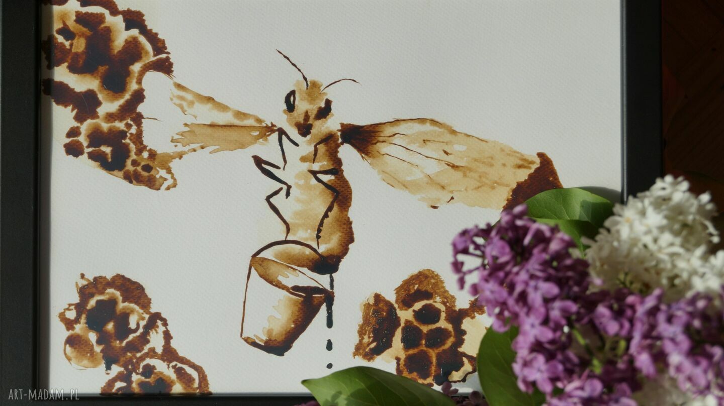 Pszczółka wiadrem miodu obraz kawą malowany coffeepainting