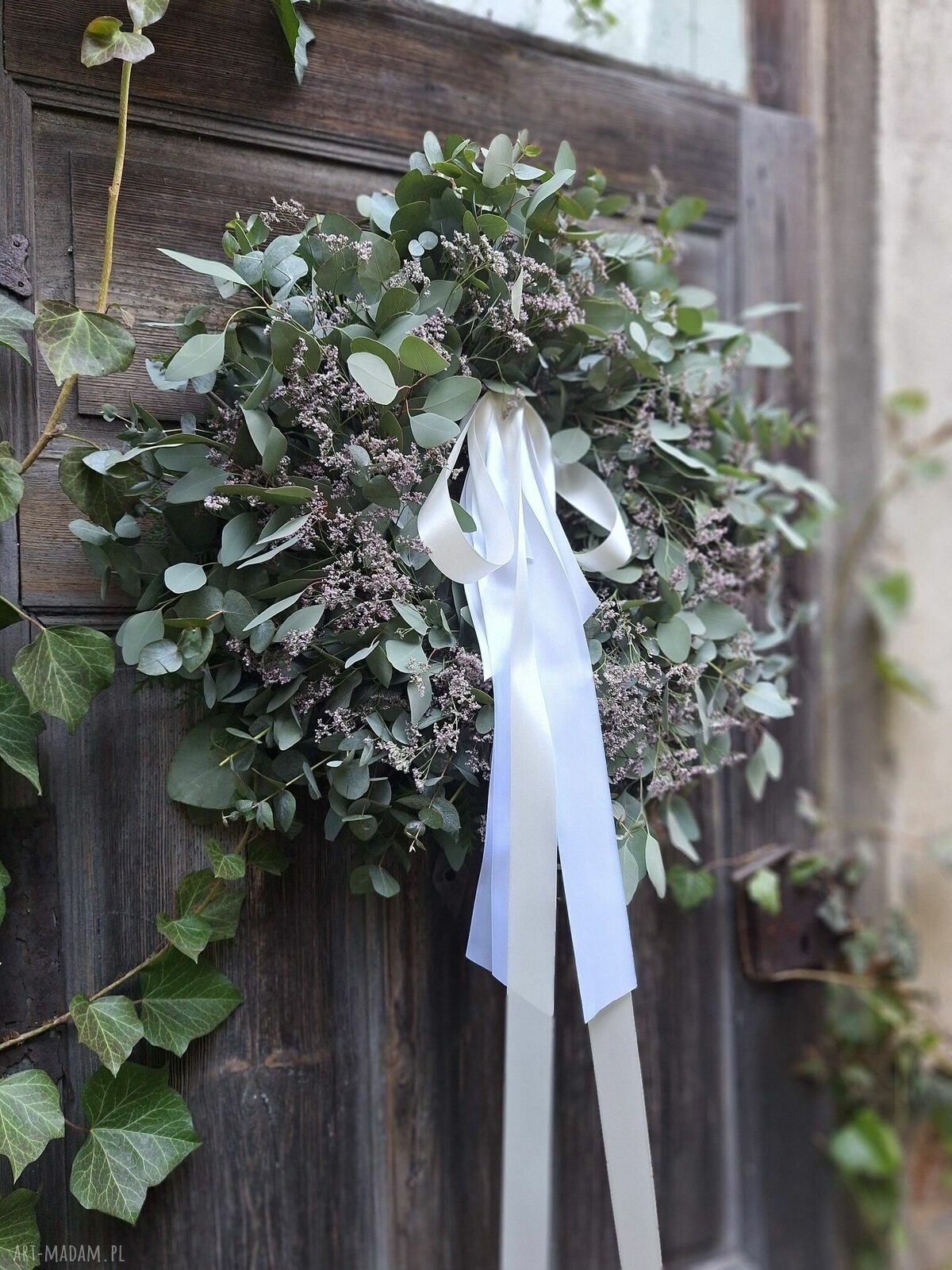 Wianek wielkanocny wiosenny z eukaliptusa i limonium na drzwi lub stół (ok. 60 cm)