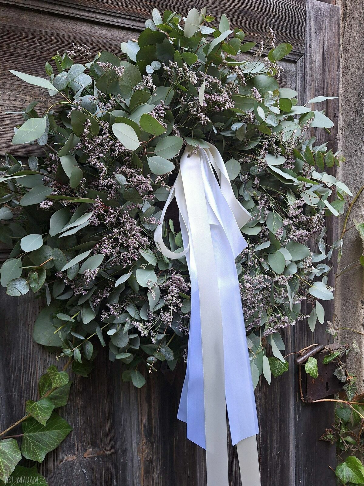 Wianek wielkanocny wiosenny z eukaliptusa i limonium na drzwi lub stół (ok. 60 cm)