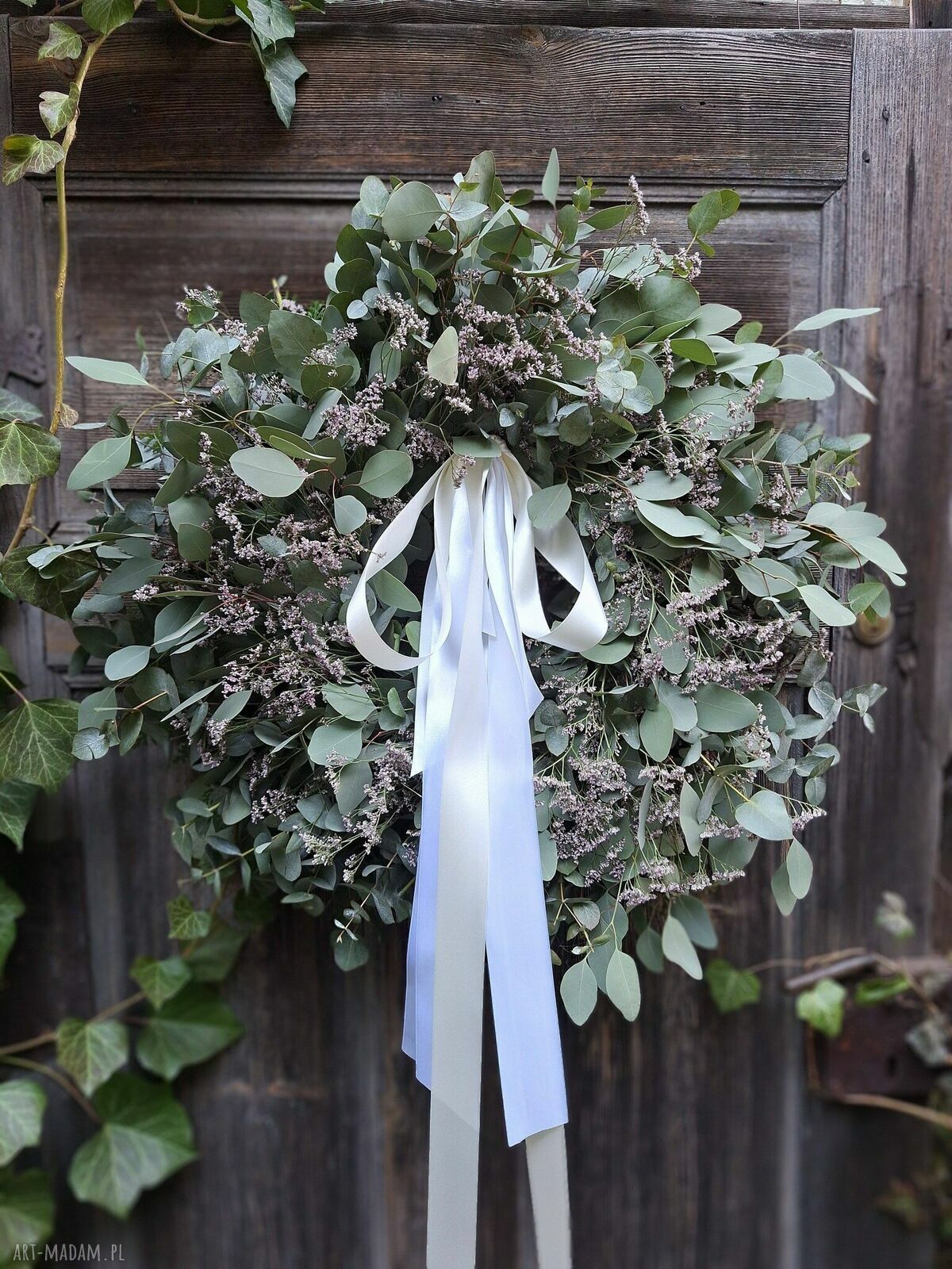 Wianek wielkanocny wiosenny z eukaliptusa i limonium na drzwi lub stół (ok. 60 cm)