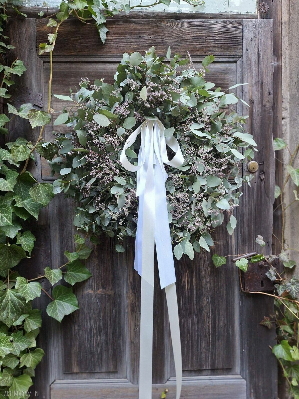 Wianek wielkanocny wiosenny z eukaliptusa i limonium na drzwi lub stół ok. 60 cm