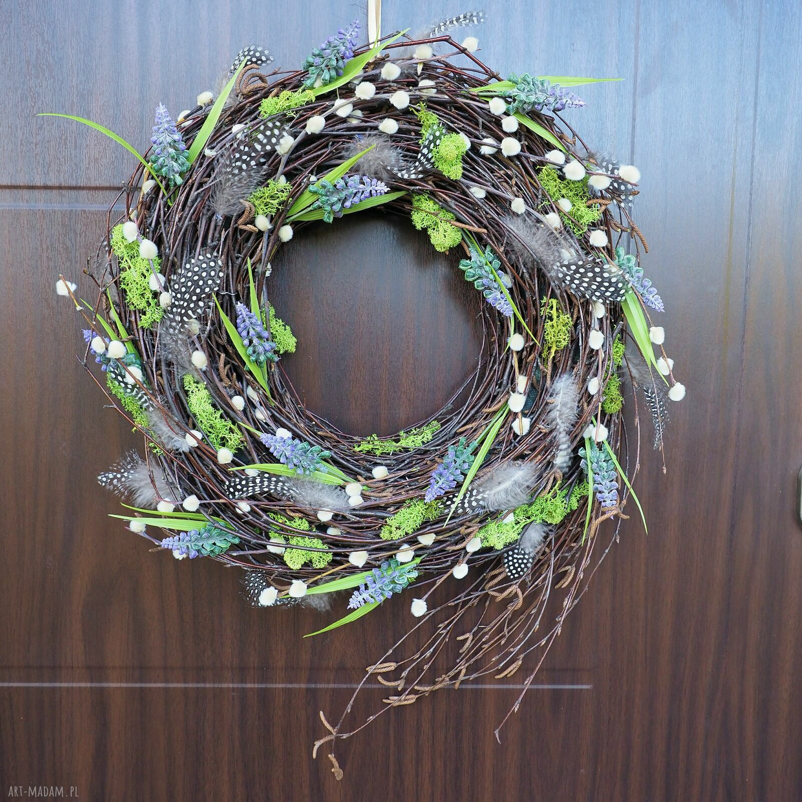 Wianek wiosenny handmade na drzwi i ścianę - stroik wielkanocny, ok. 45 cm