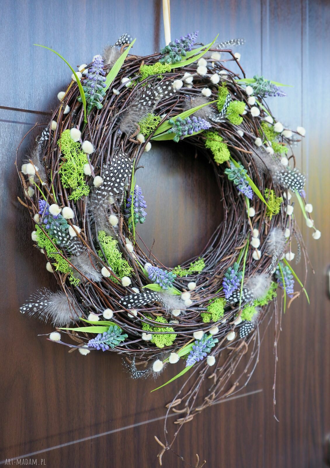 Wianek wiosenny handmade na drzwi i ścianę - stroik wielkanocny, ok. 45 cm