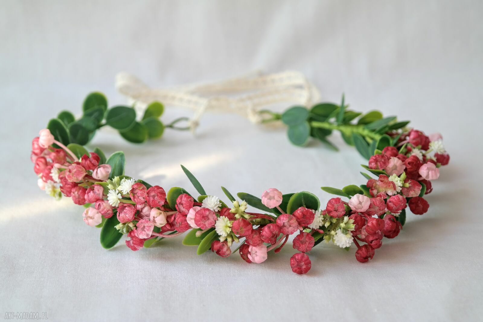 Wianek do włosów z czerwonymi kwiatkami i eukaliptusem - handmade boho