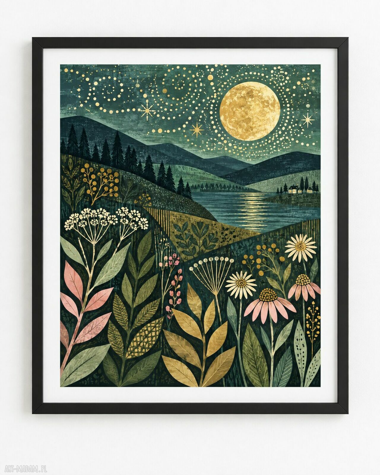 Widok na góry 40x50 cm - akwarelowa grafika z kwiatami