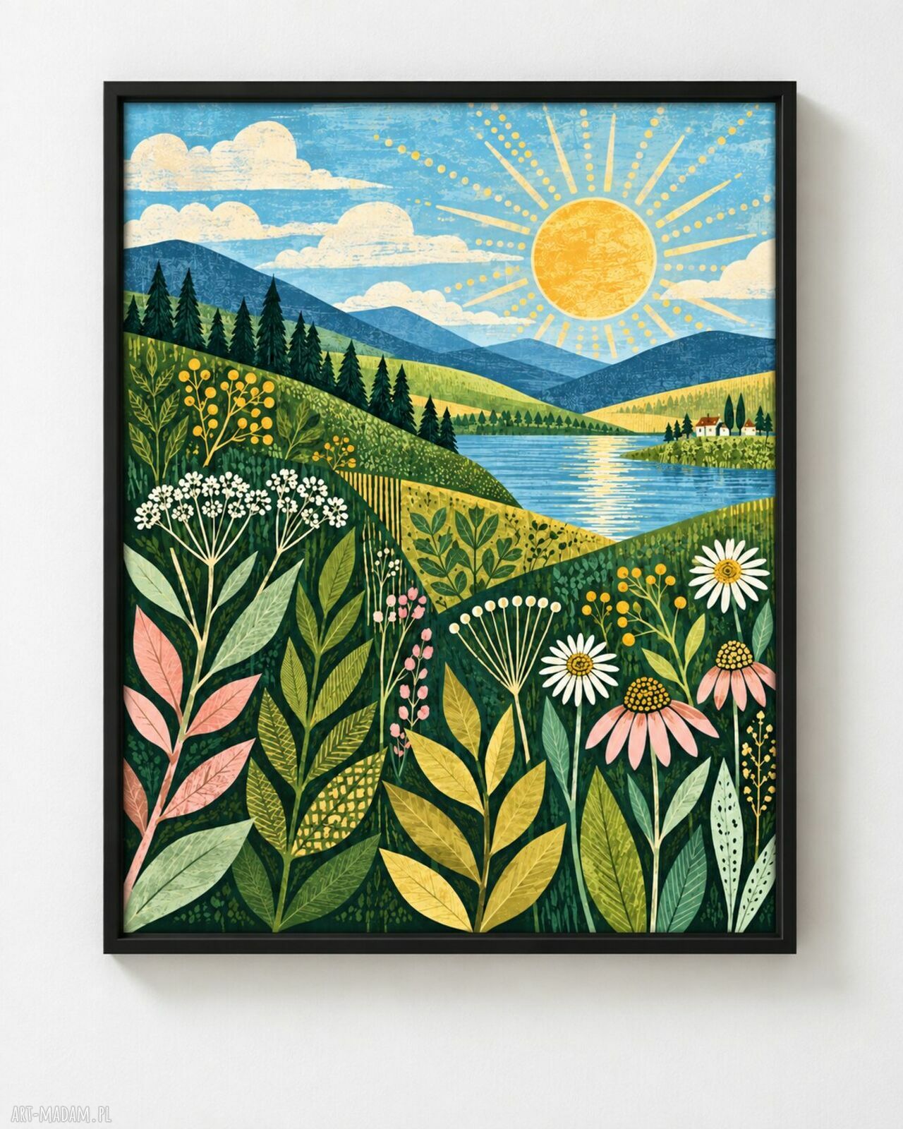 Widok na góry 40x50 cm - autorska grafika z kwiatami