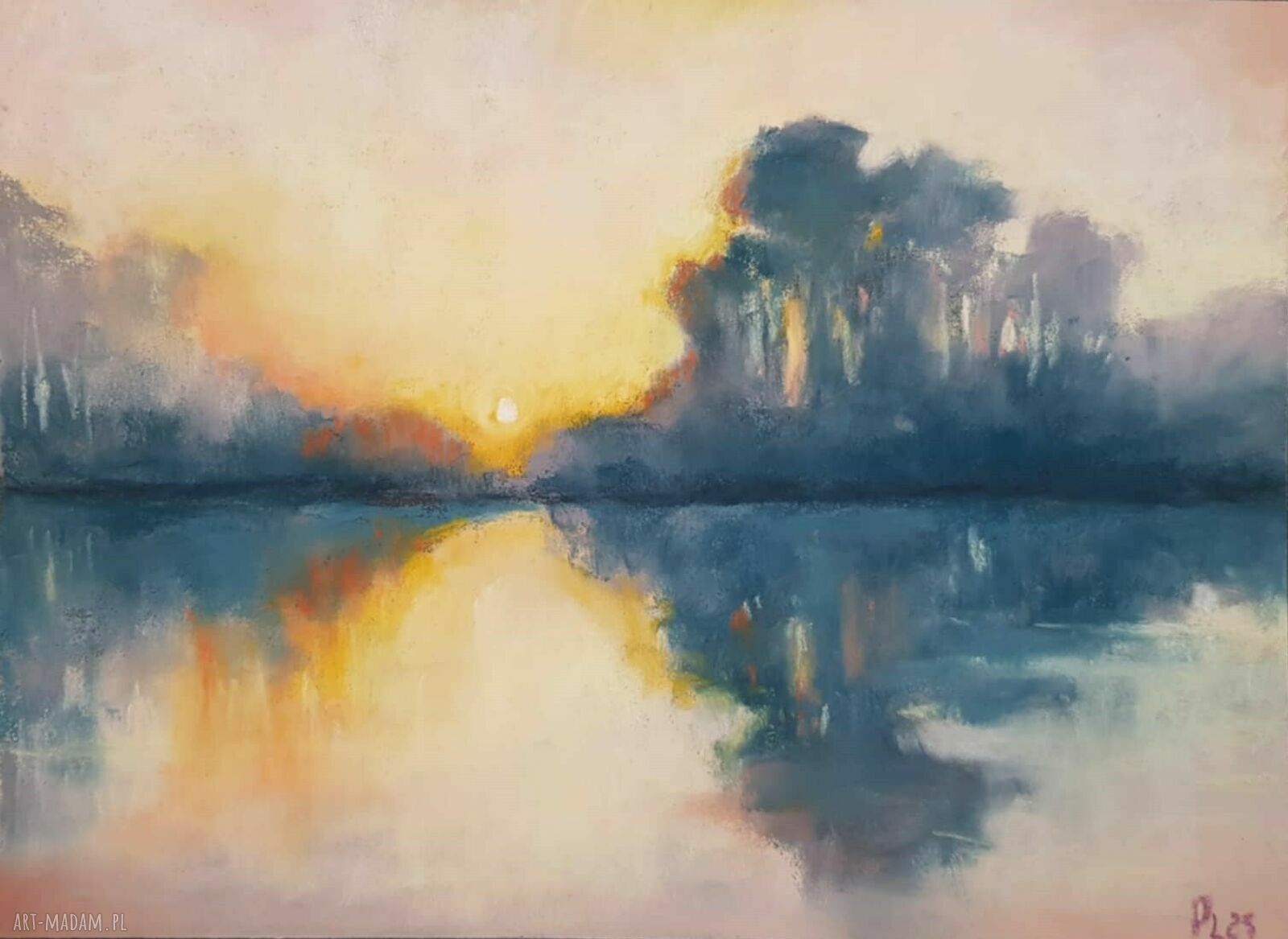 Wieczór nad jeziorem - obraz z pasteli suchych 18x24 cm