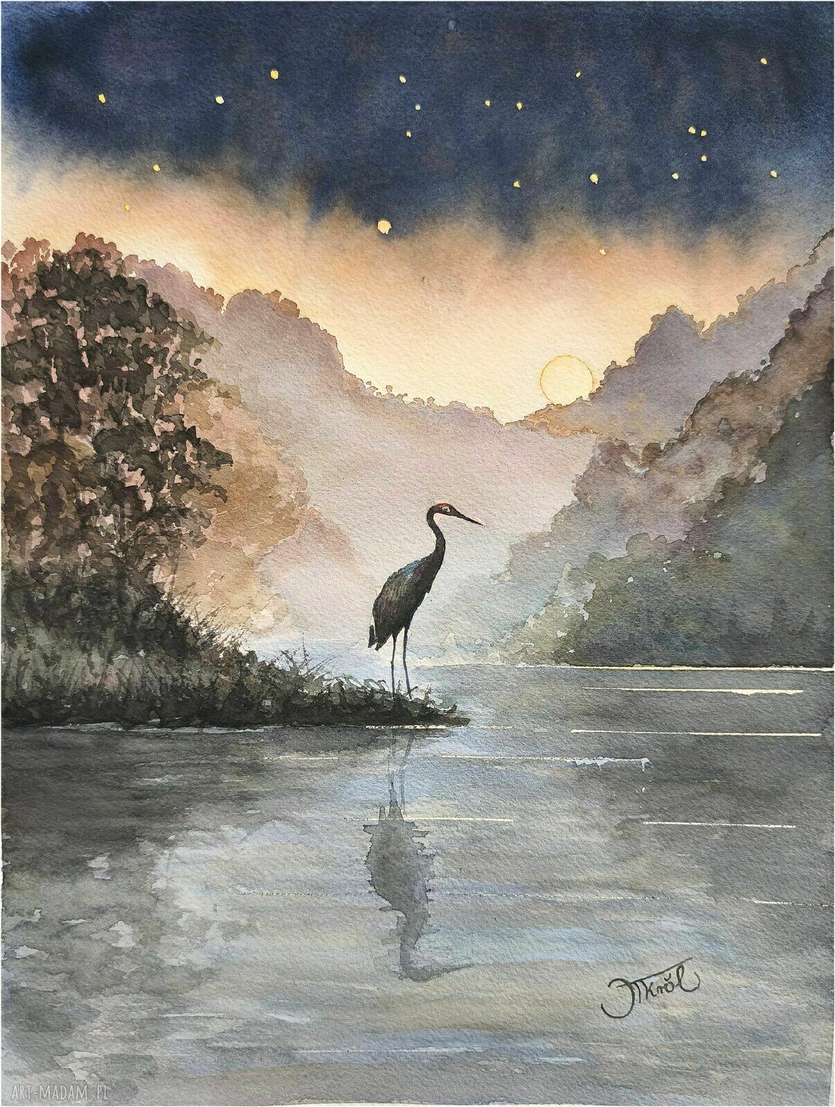 Wieczorny oddech - akwarela z żurawiami 24x32 cm