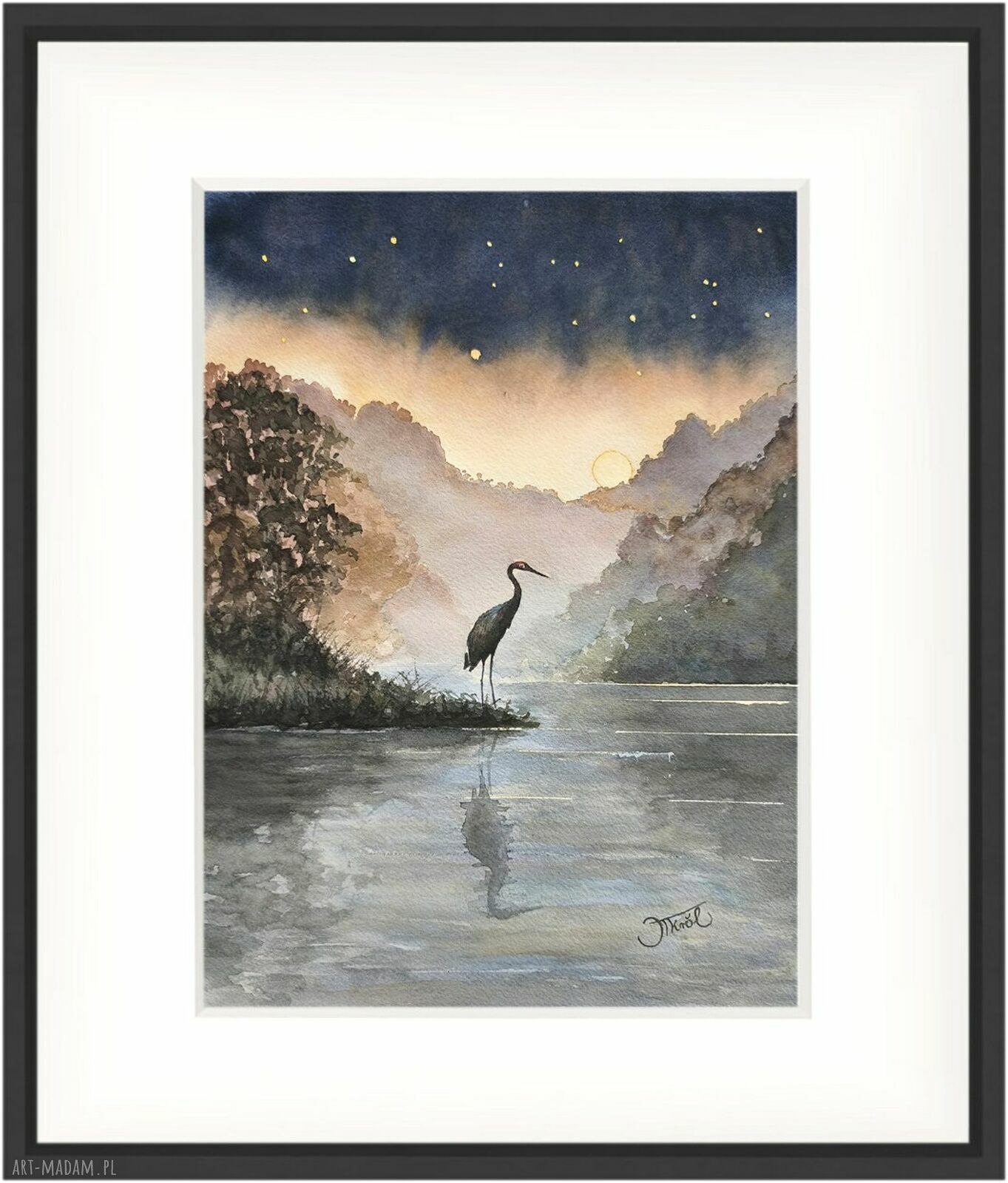 Wieczorny oddech - akwarela z żurawiami 24x32 cm