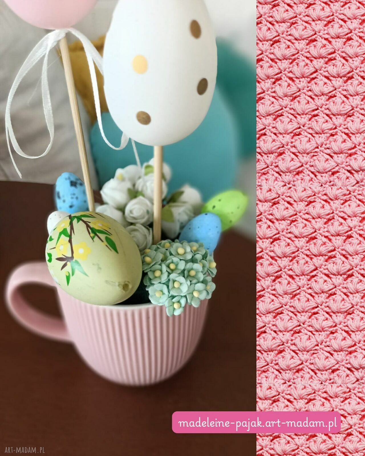 Wielkanocny ogród w filiżance - malowana wiosna (stroik handmade)