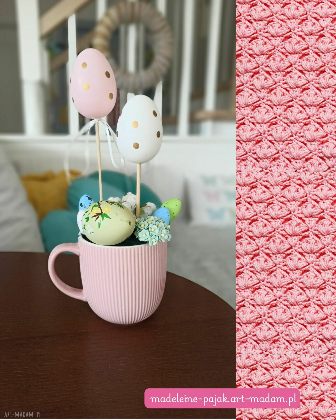 Wielkanocny ogród w filiżance - malowana wiosna stroik handmade