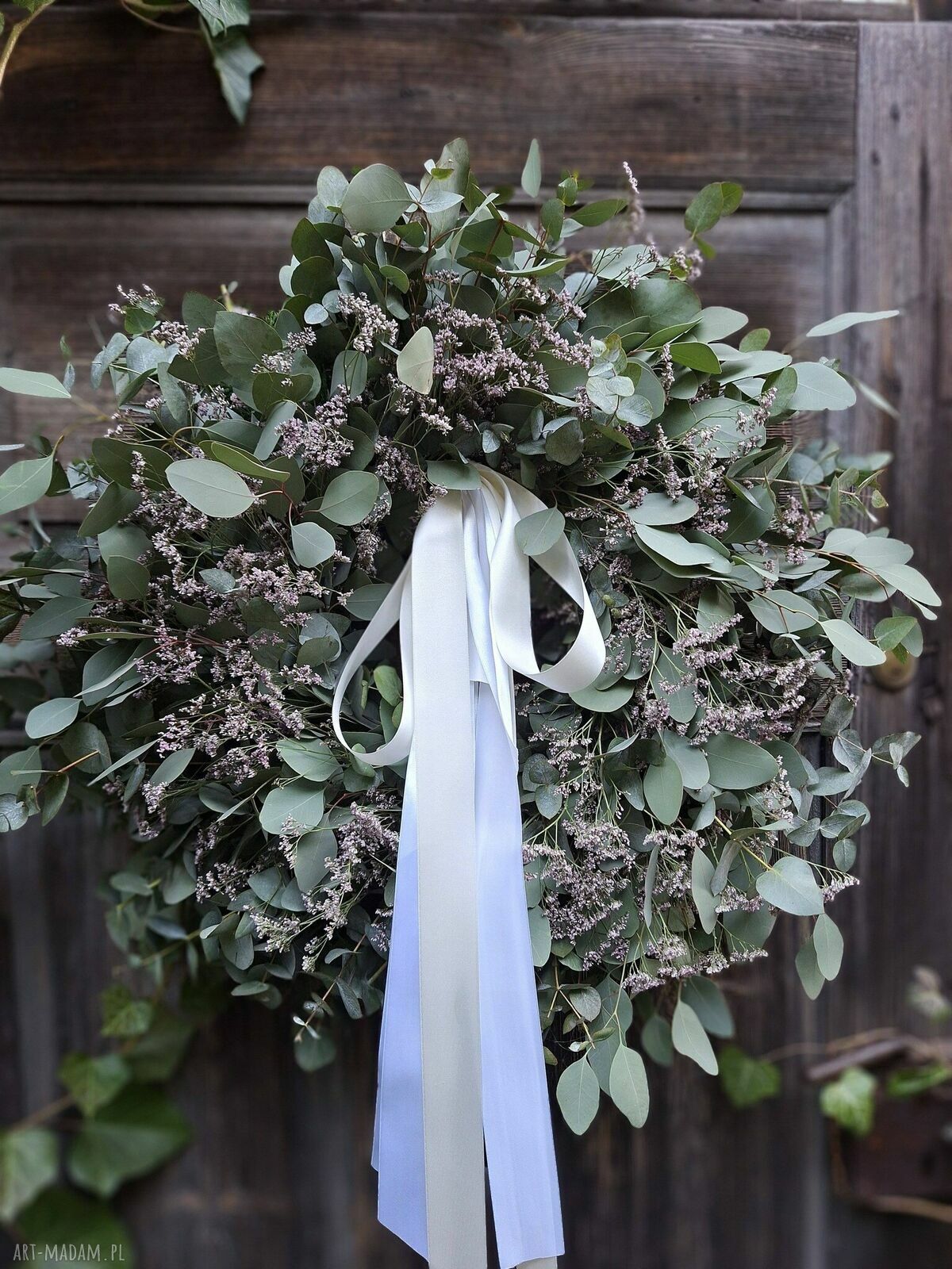 Wianek wielkanocny wiosenny z eukaliptusa i limonium na drzwi lub stół (ok. 60 cm)