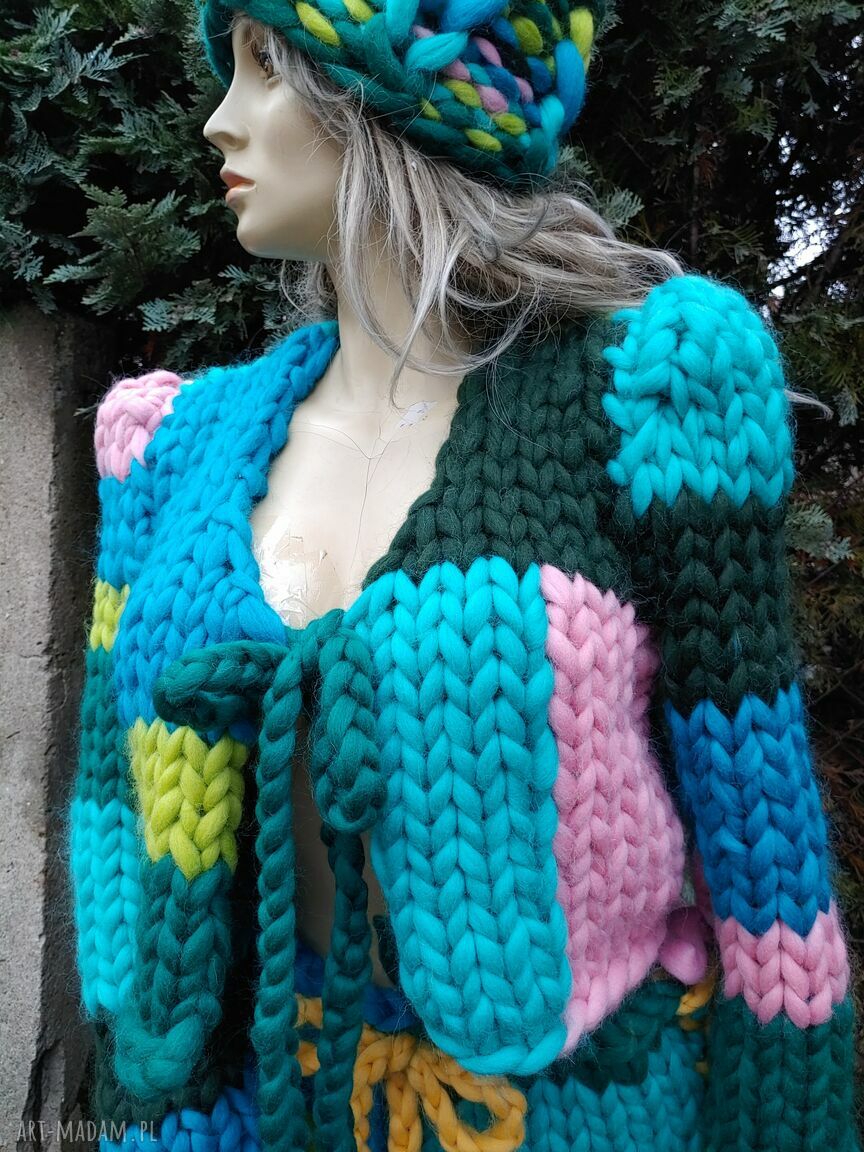 Wielokolorowy patchworkowy kardigan z grubej wełny merino - duże sploty
