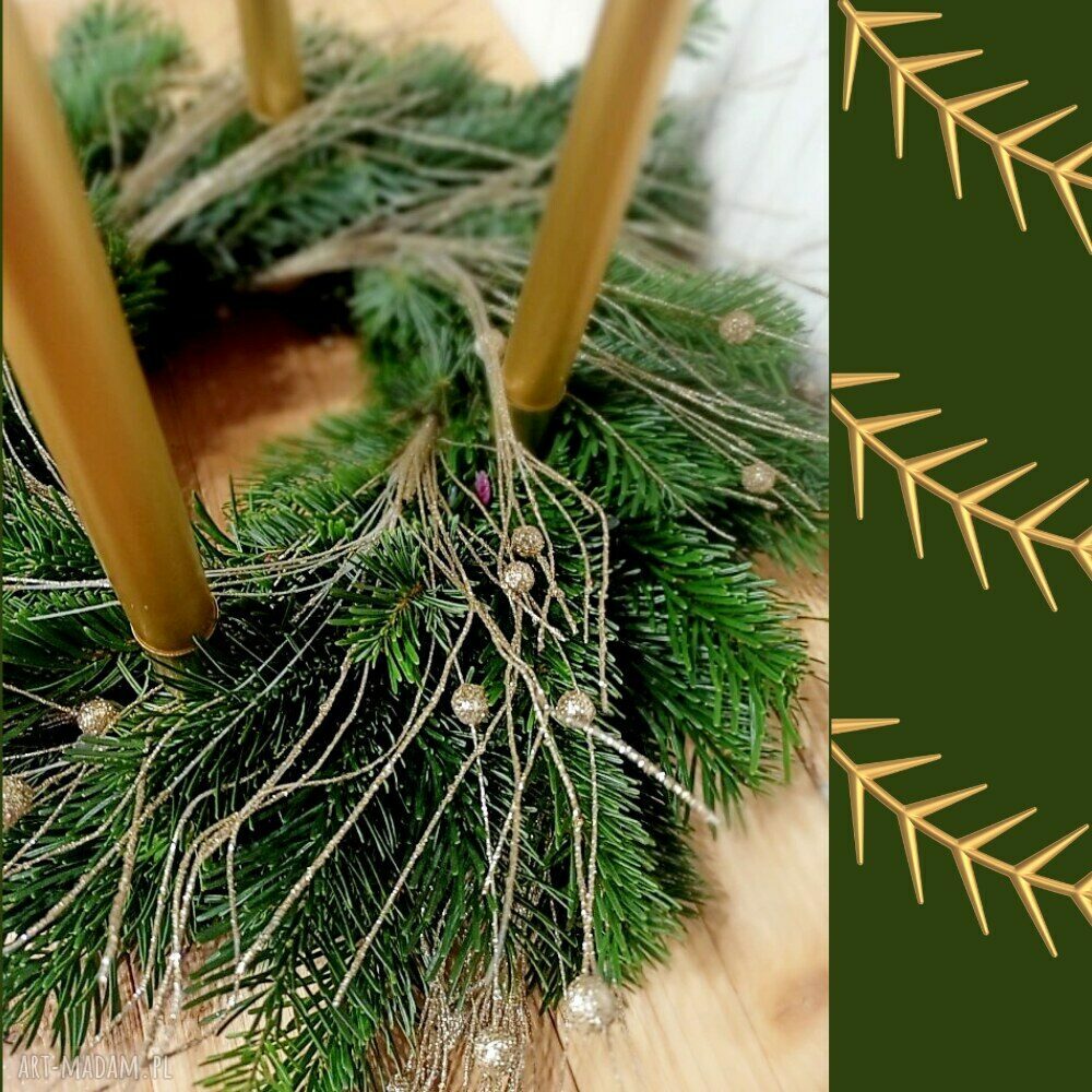 Wieniec adwentowy ze złotym akcentem - jodła kaukaska, złoty brokat i długie świece
