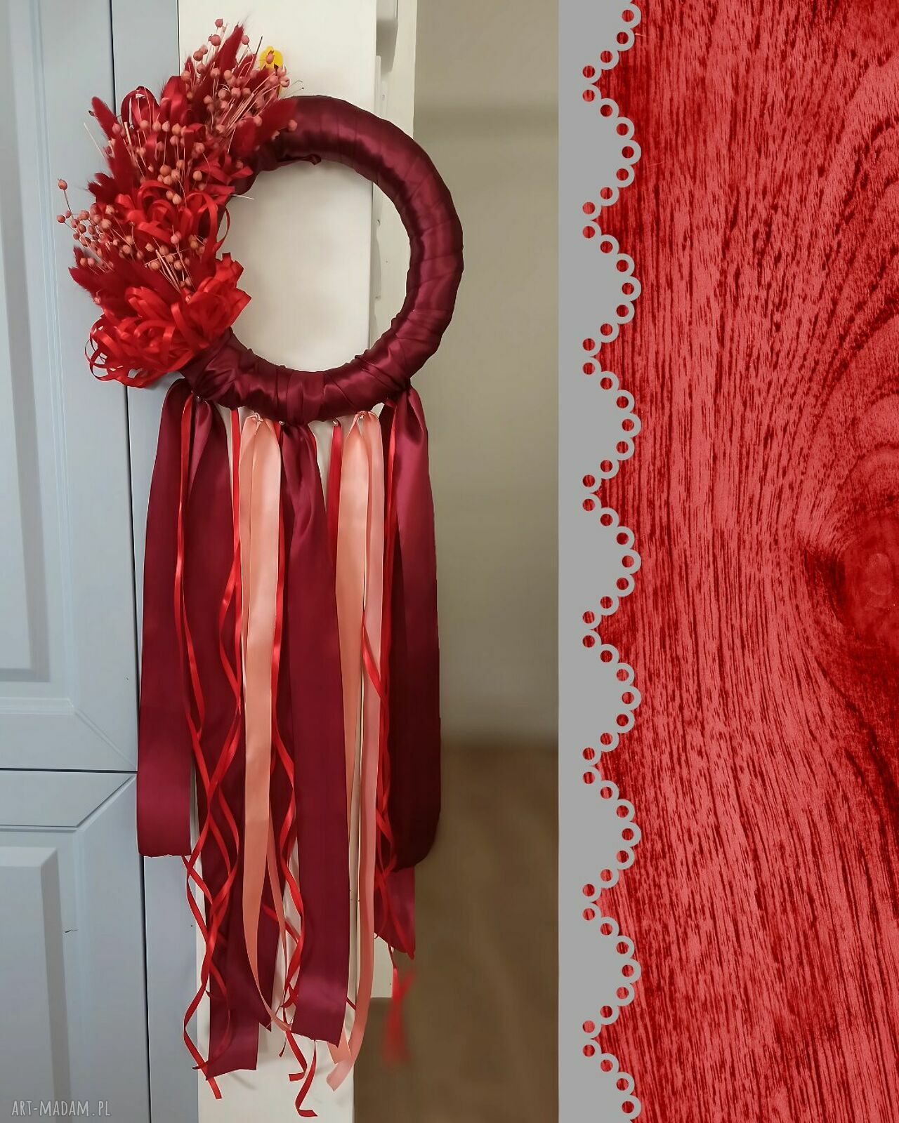 Wieniec jesienny 30 cm w czerwieni - lniany handmade do drzwi