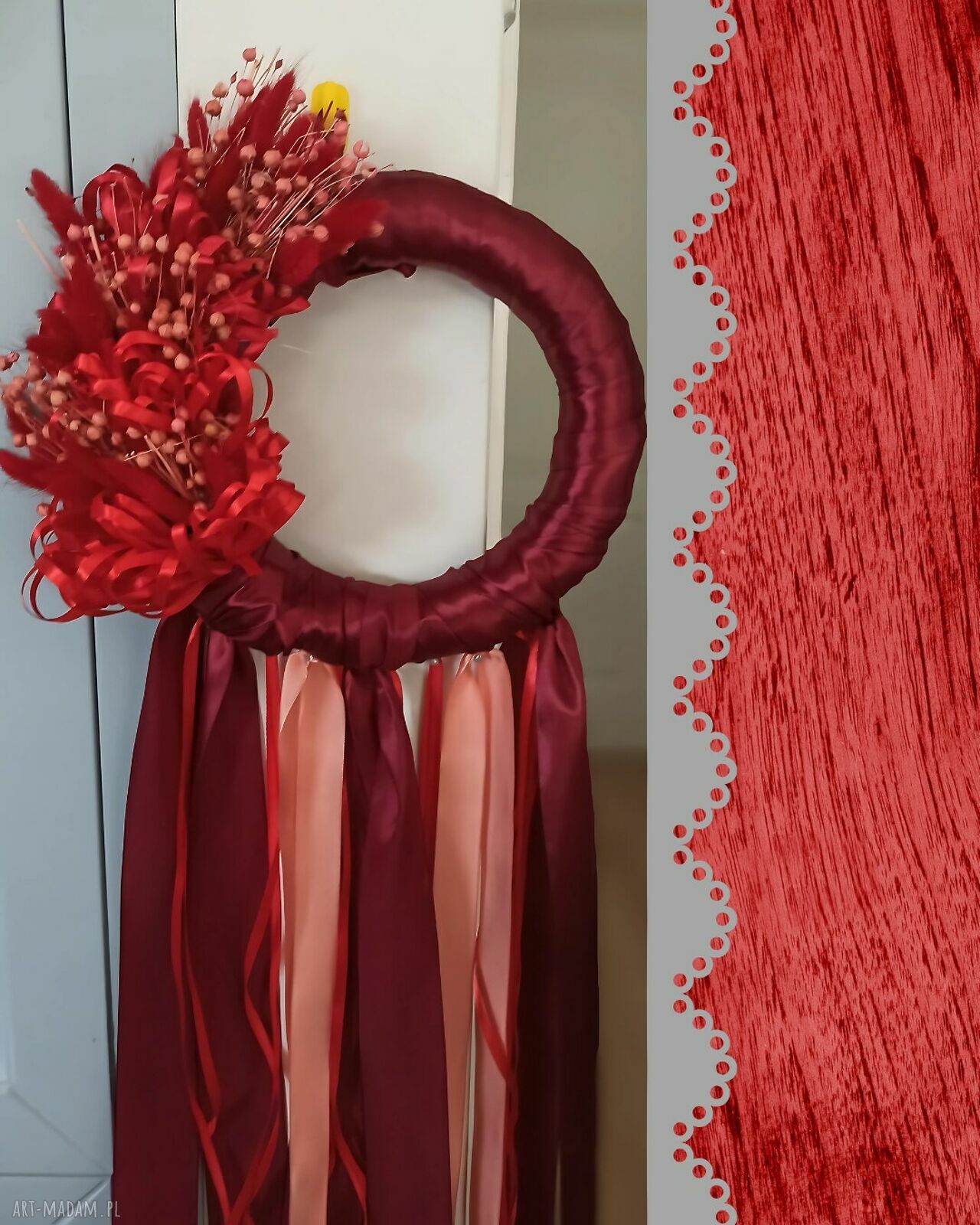 Wieniec jesienny 30 cm w czerwieni - lniany handmade do drzwi
