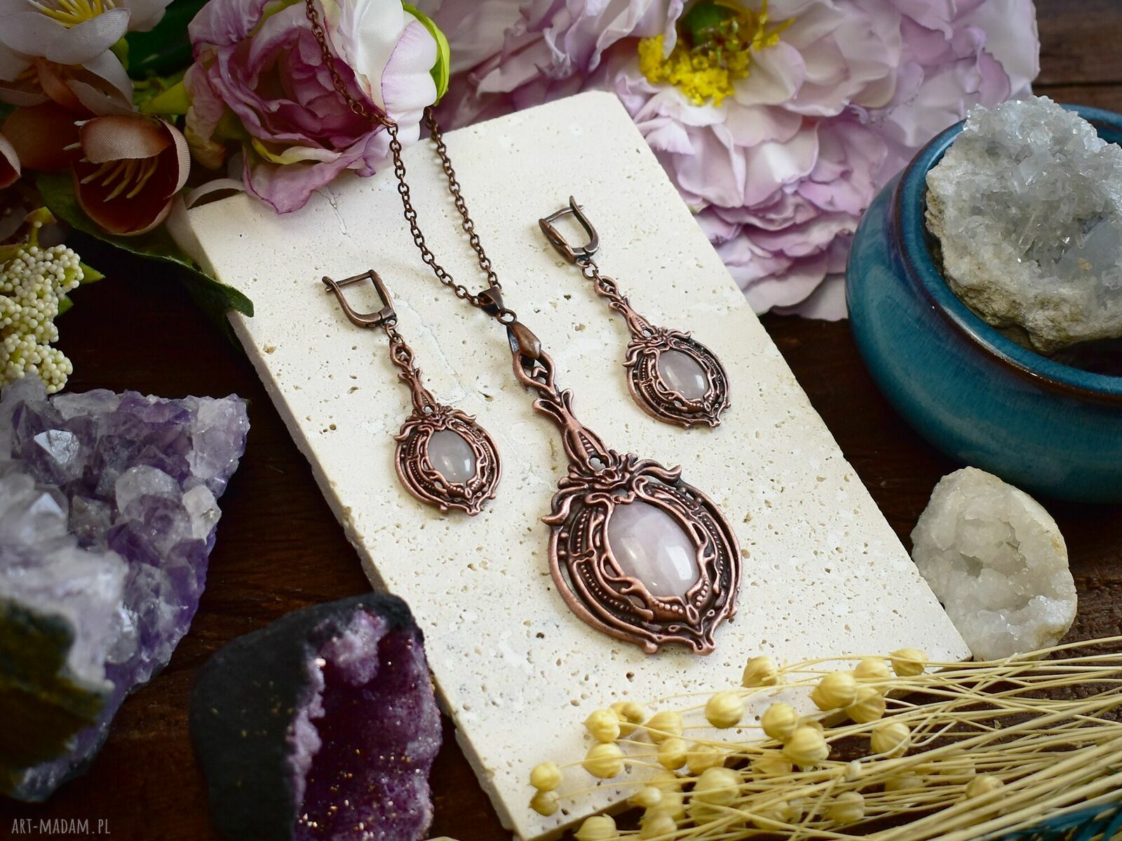 komplety: Wiktoriański miedziany zestaw kolczyki i wisiorek z różowym kwarcem #S5