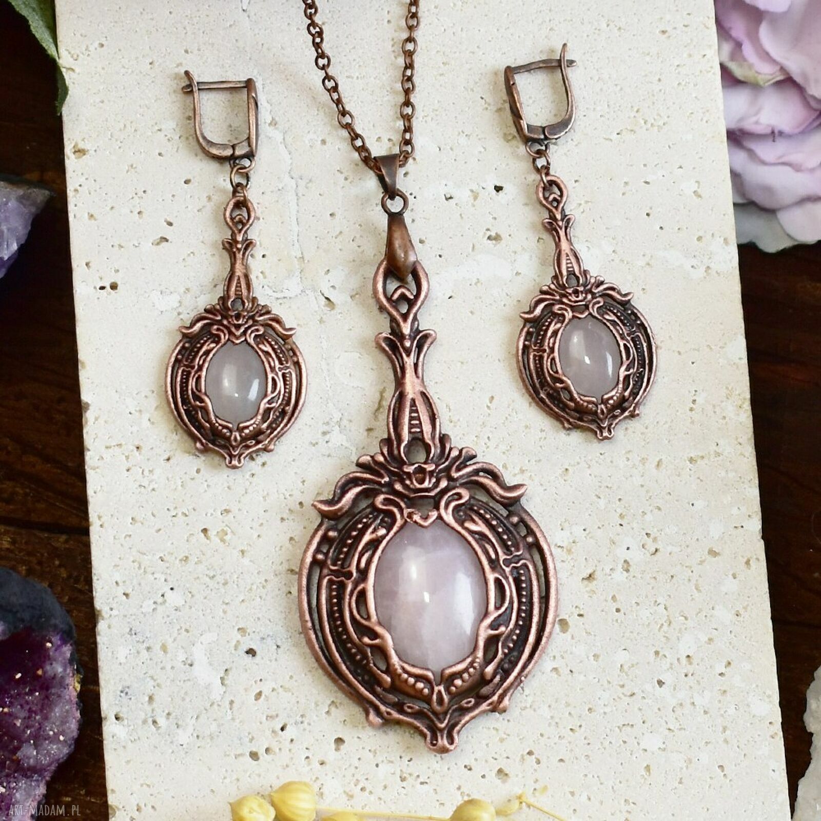 Wiktoriański miedziany zestaw kolczyki wisiorek różowym kwarcem