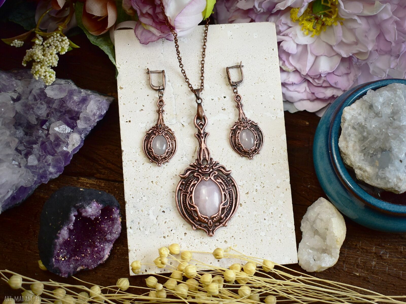 komplety: Wiktoriański miedziany zestaw kolczyki i wisiorek z różowym kwarcem #S5