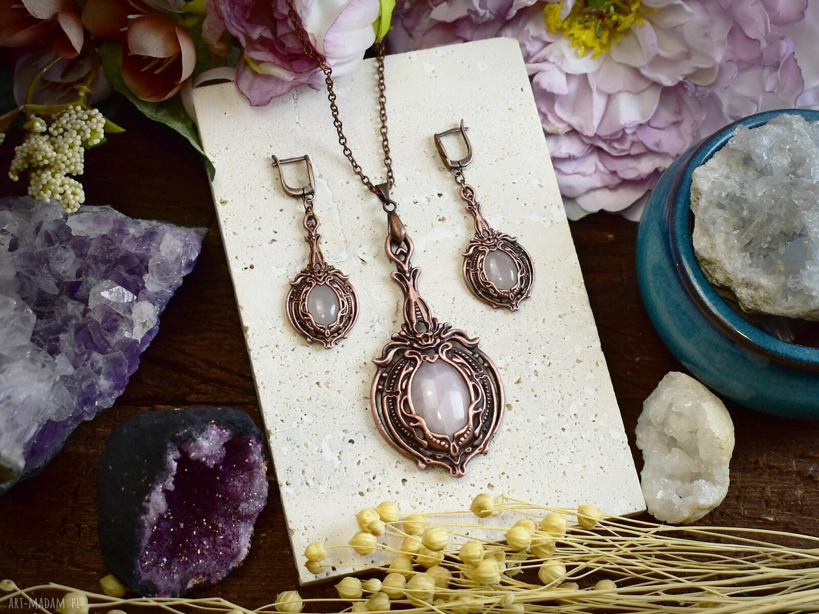 komplety: Wiktoriański miedziany zestaw kolczyki i wisiorek z różowym kwarcem #S5