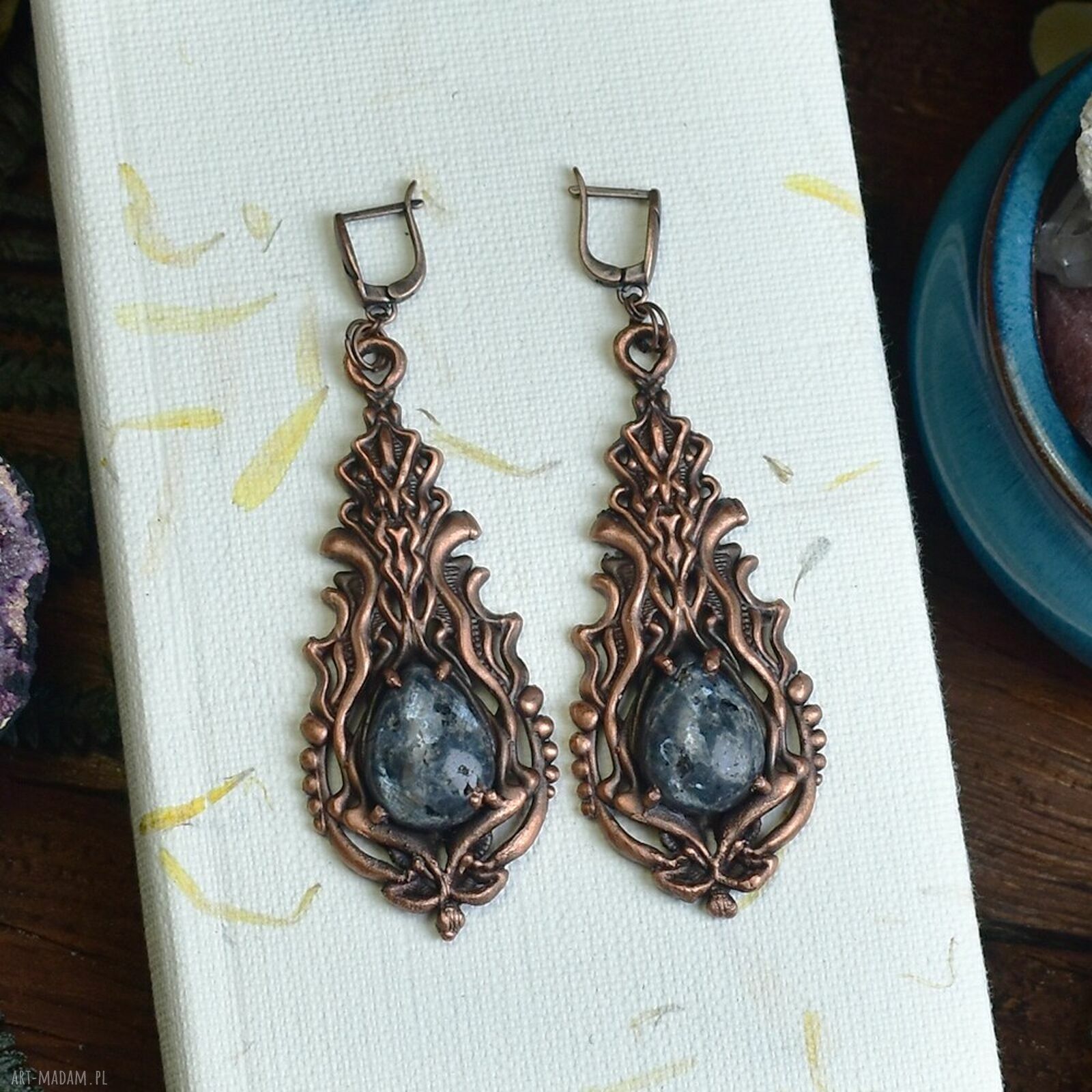 Wiktoriańskie miedziane wiszące kolczyki kamieniem larvikit