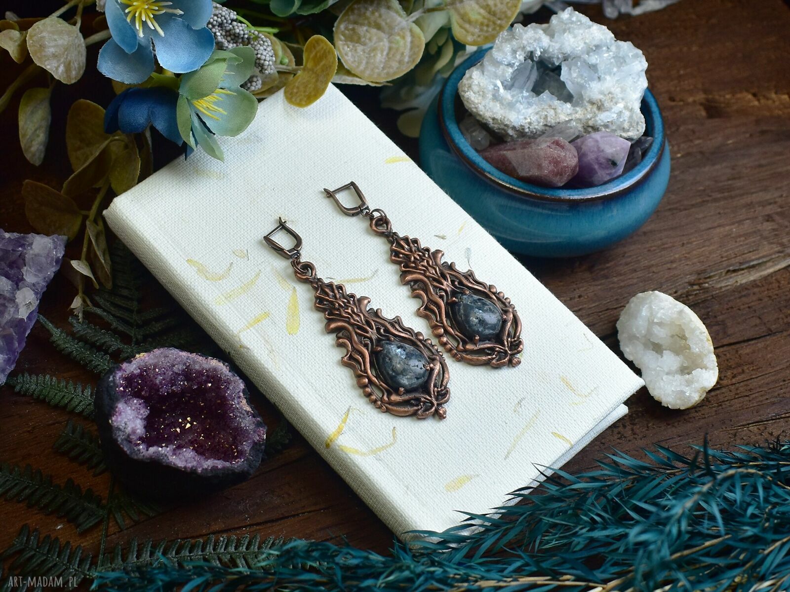 kolczyki: Wiktoriańskie miedziane wiszące kolczyki z kamieniem / larvikit #1 handmade