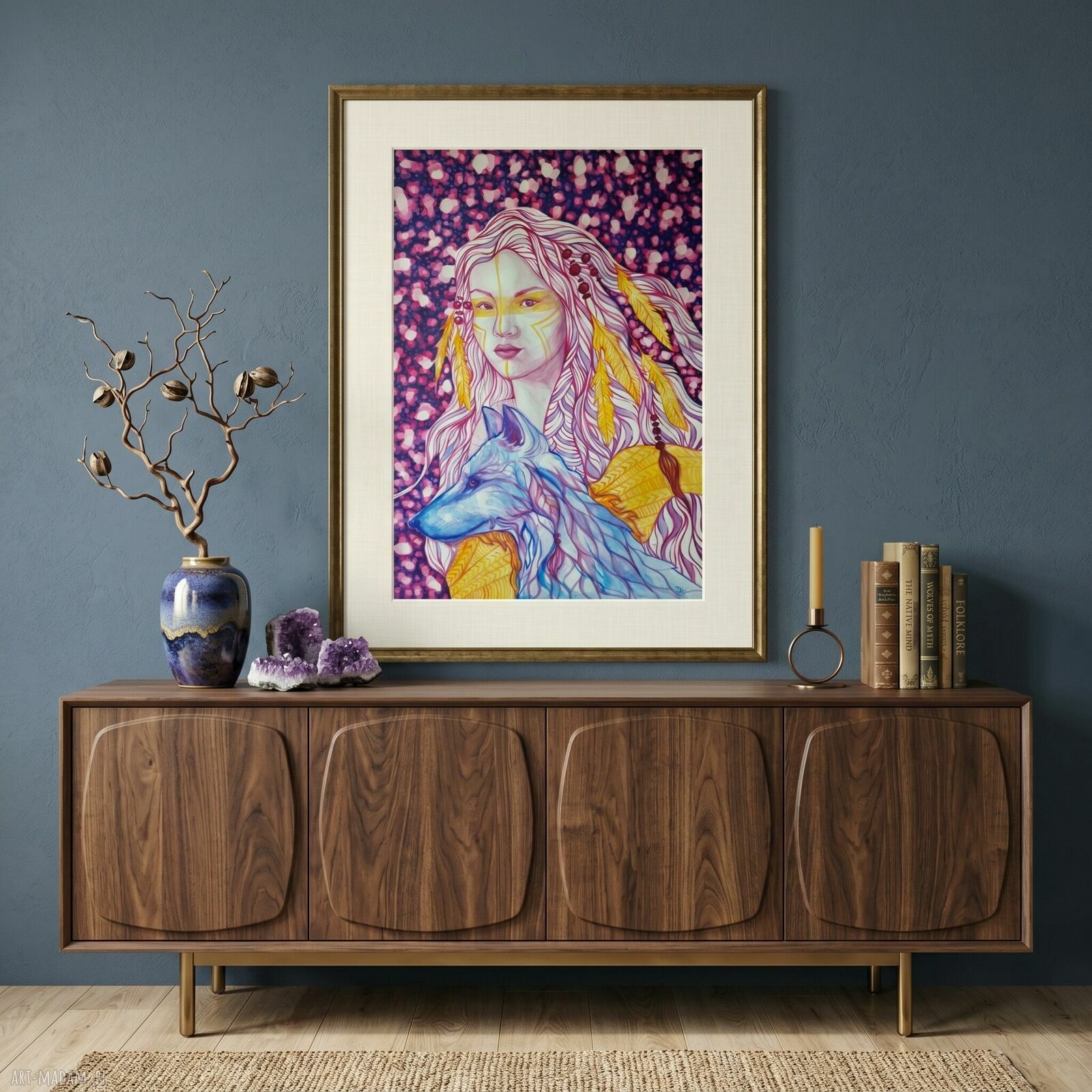 Wilczy Totem - oryginalna akwarela 70x100 cm (kobieta i wilk)