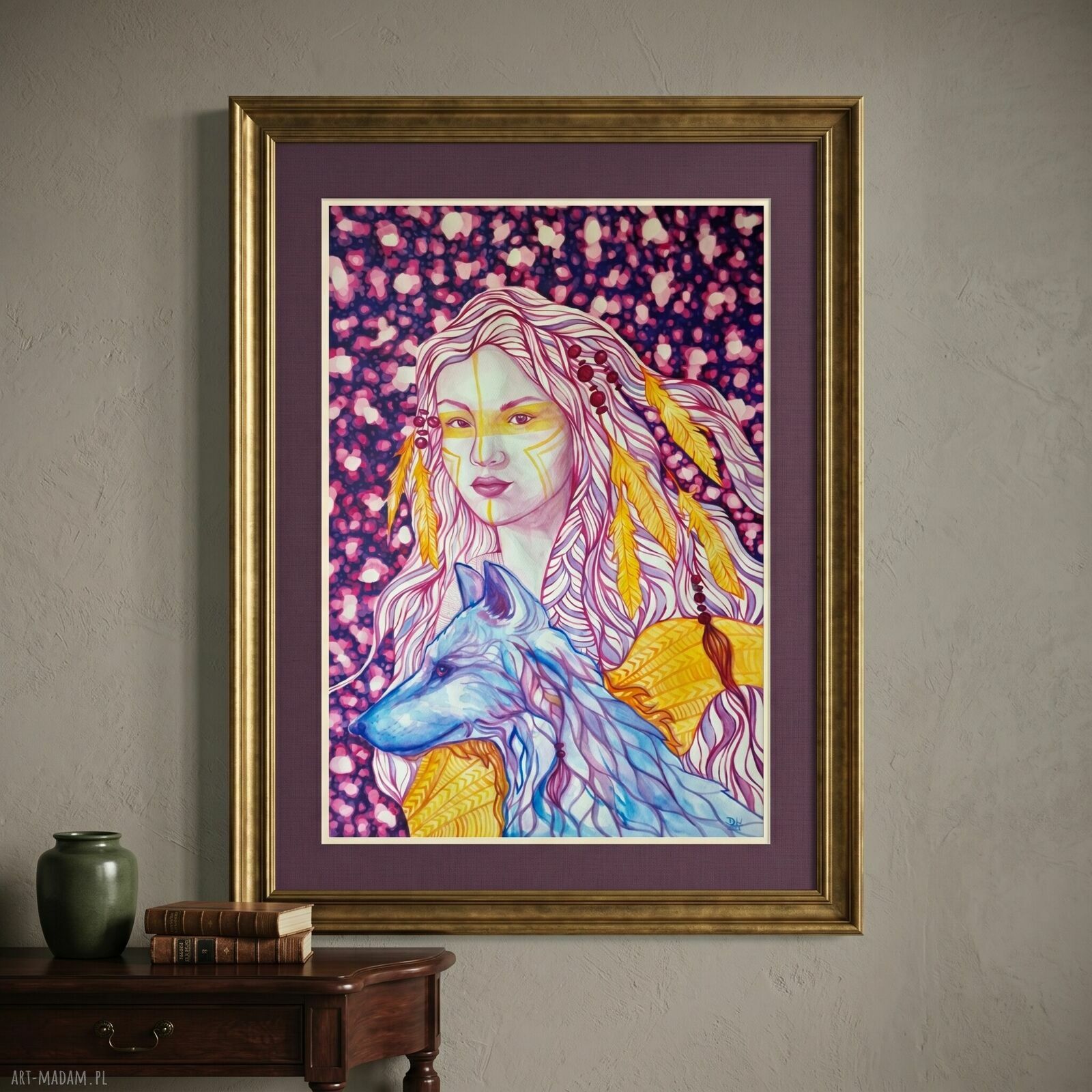 Wilczy Totem - oryginalna akwarela 70x100 cm (kobieta i wilk)