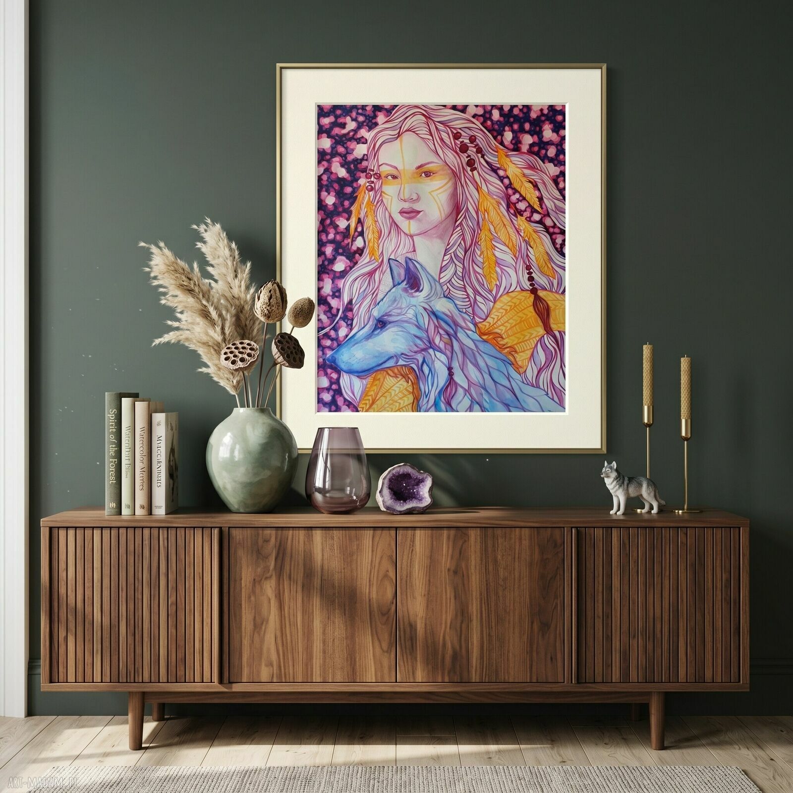 Wilczy Totem - oryginalna akwarela 70x100 cm (kobieta i wilk)