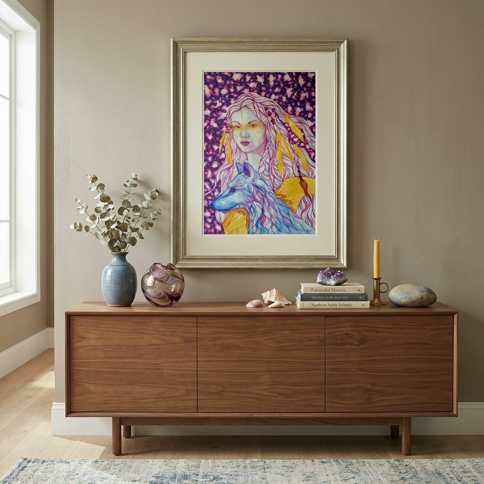 Wilczy Totem - oryginalna akwarela 70x100 cm (kobieta i wilk)