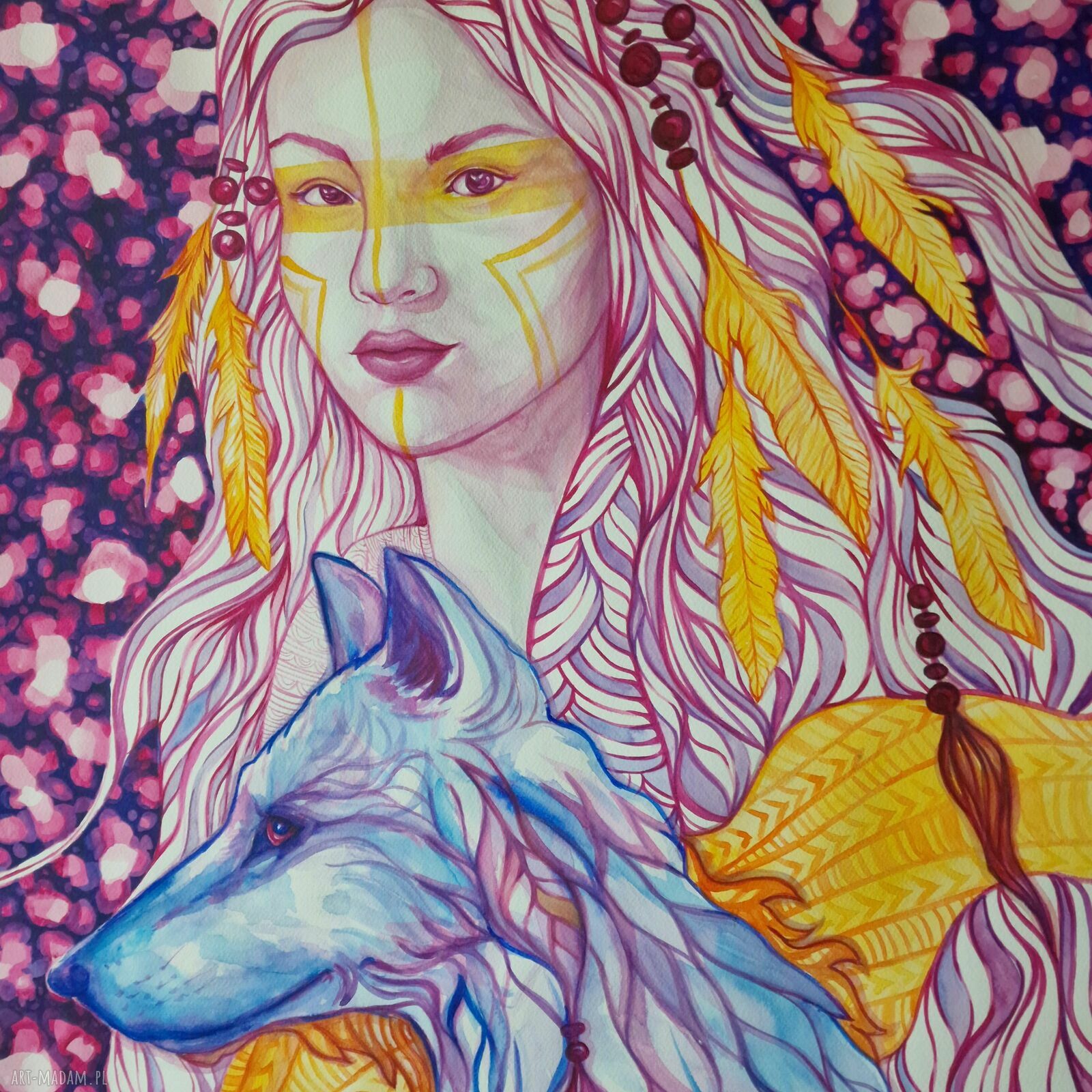 Wilczy Totem - oryginalna akwarela 70x100 cm (kobieta i wilk)