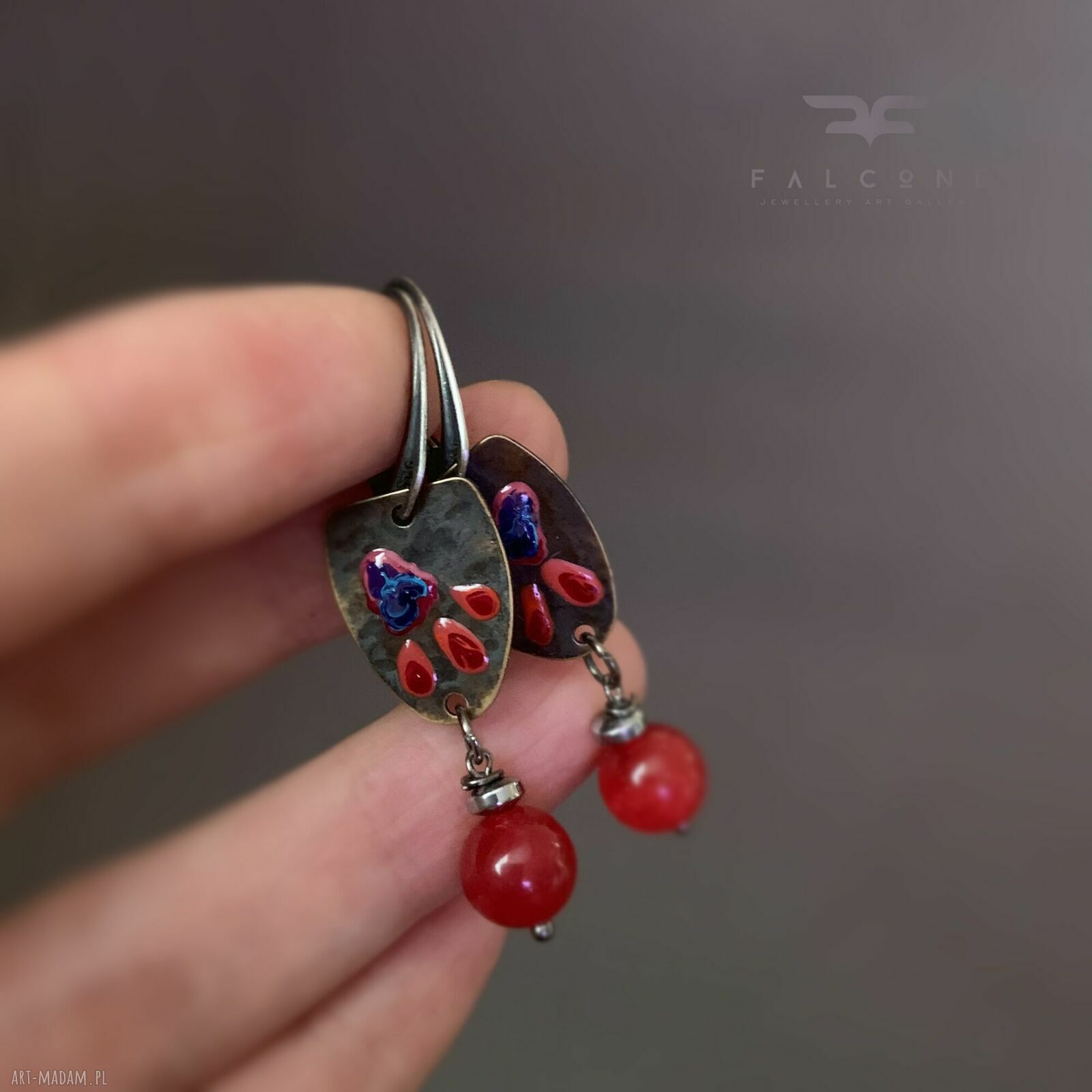 Kolczyki Wild Flowers Red & Blue - emaliowane kwiaty z agatami