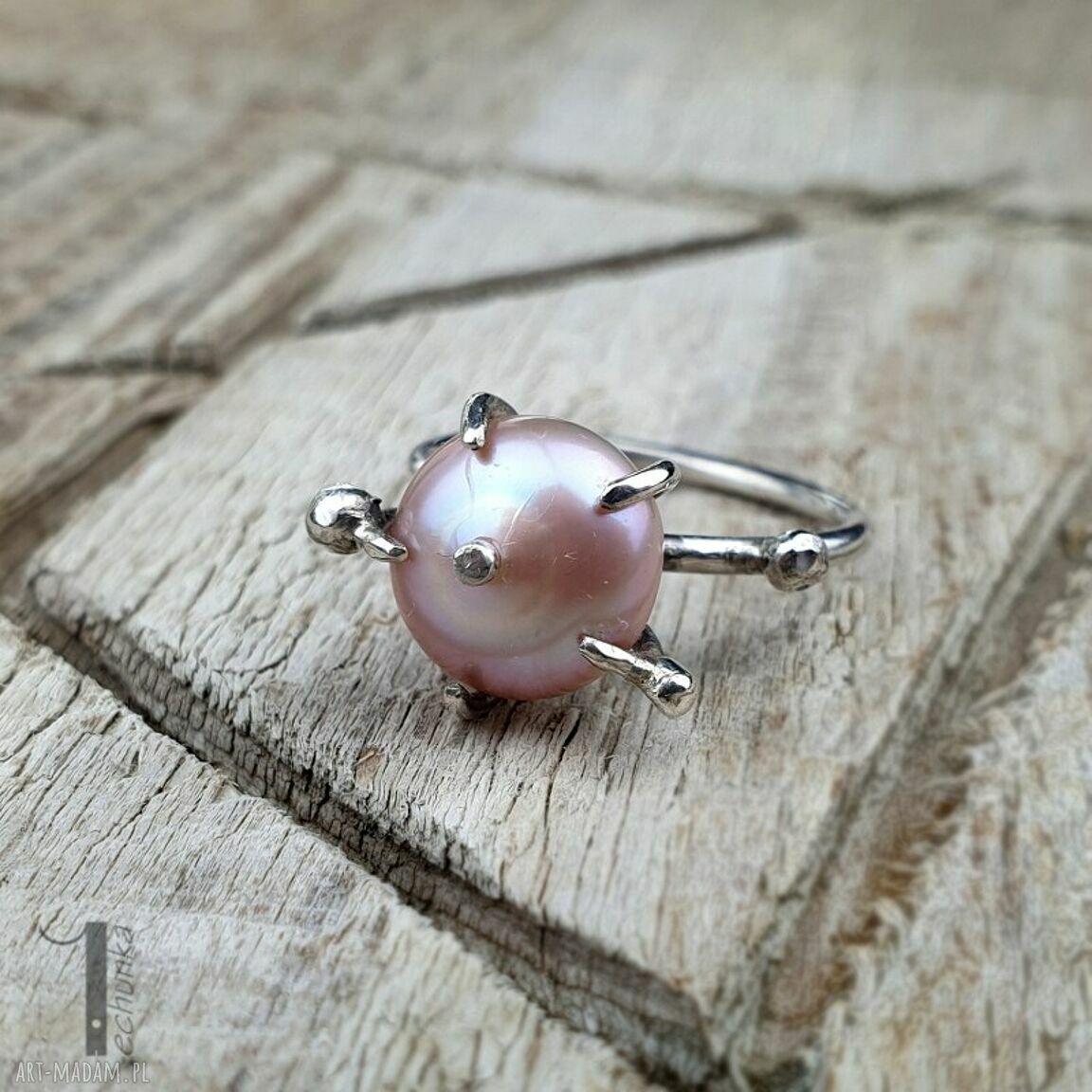 pierścionki: Wild pearl atomic pink II srebrny pierścionek z perłą słodkowodną Handmade