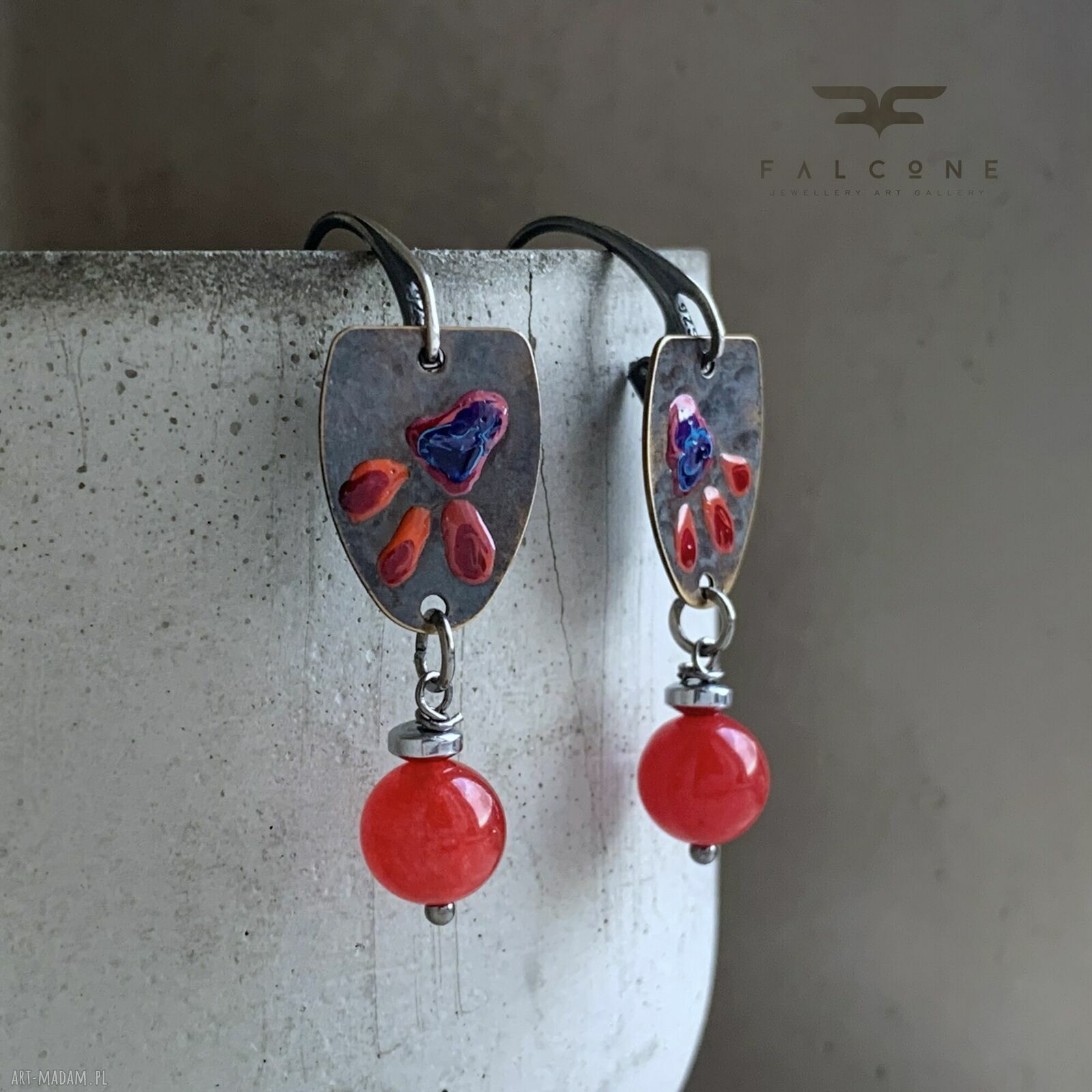 Kolczyki Wild Flowers Red & Blue - emaliowane kwiaty z agatami