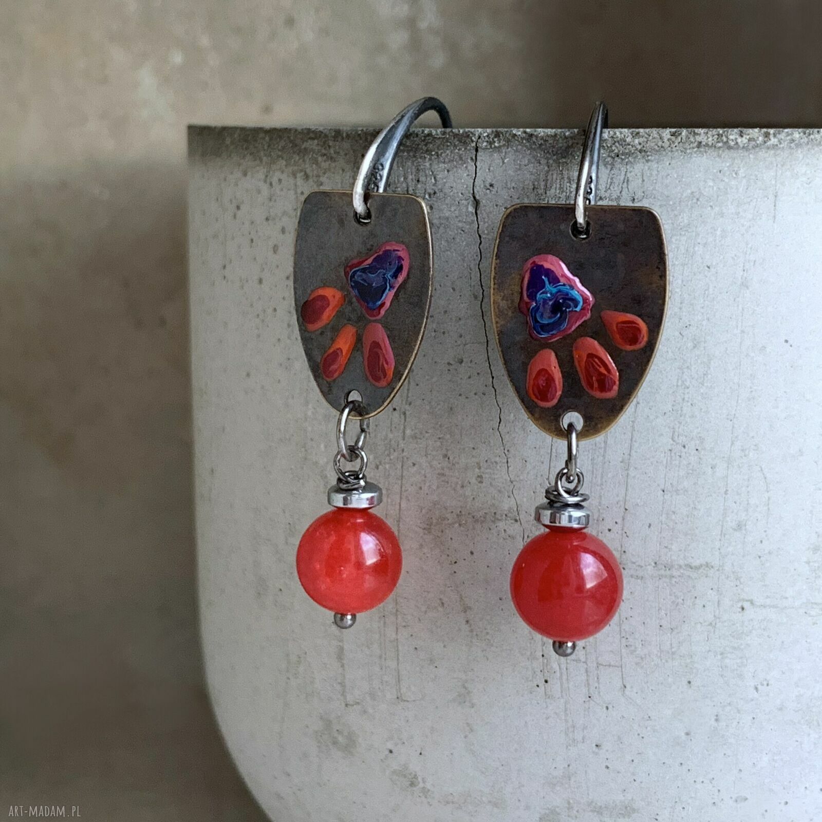 Kolczyki Wild Flowers Red & Blue - emaliowane kwiaty z agatami