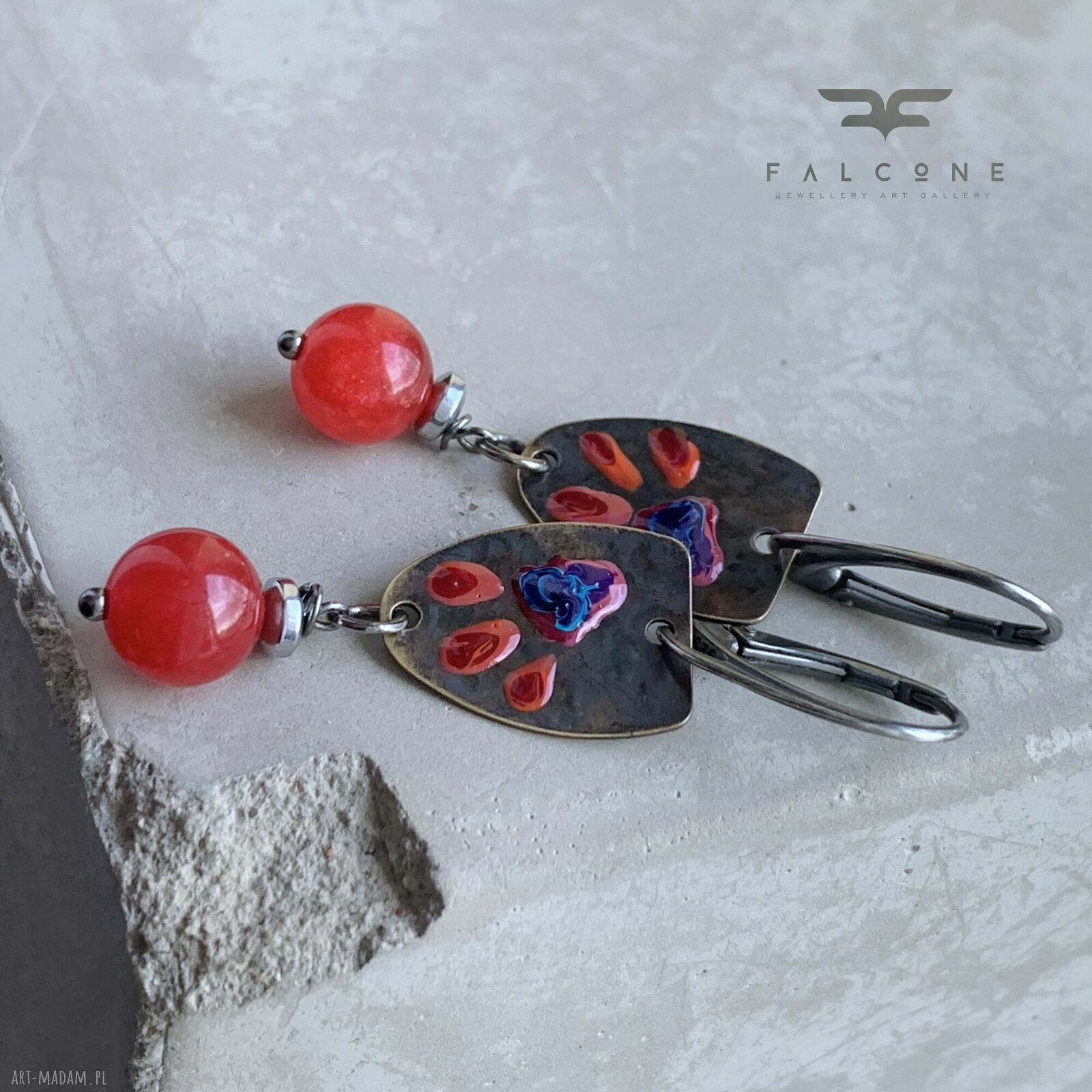 Kolczyki Wild Flowers Red & Blue - emaliowane kwiaty z agatami