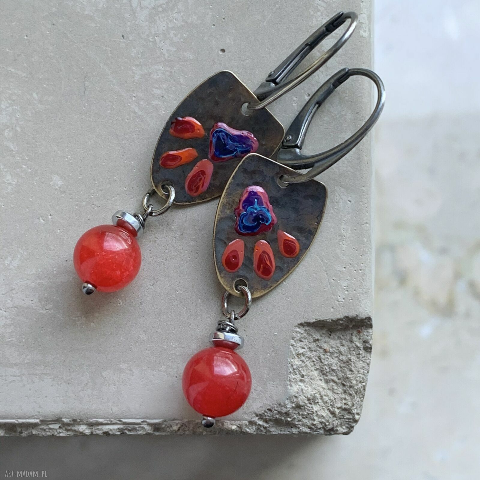 Kolczyki Wild Flowers Red & Blue - emaliowane kwiaty z agatami