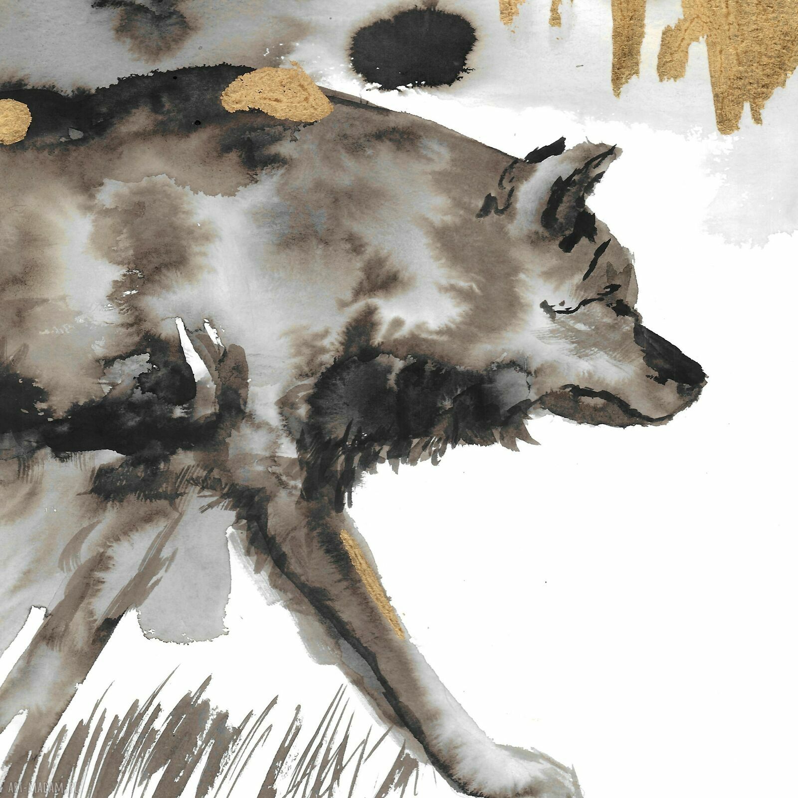 Grafika "Wilk" 50 cm x 70 cm - ręcznie malowana i złocona Ink Art