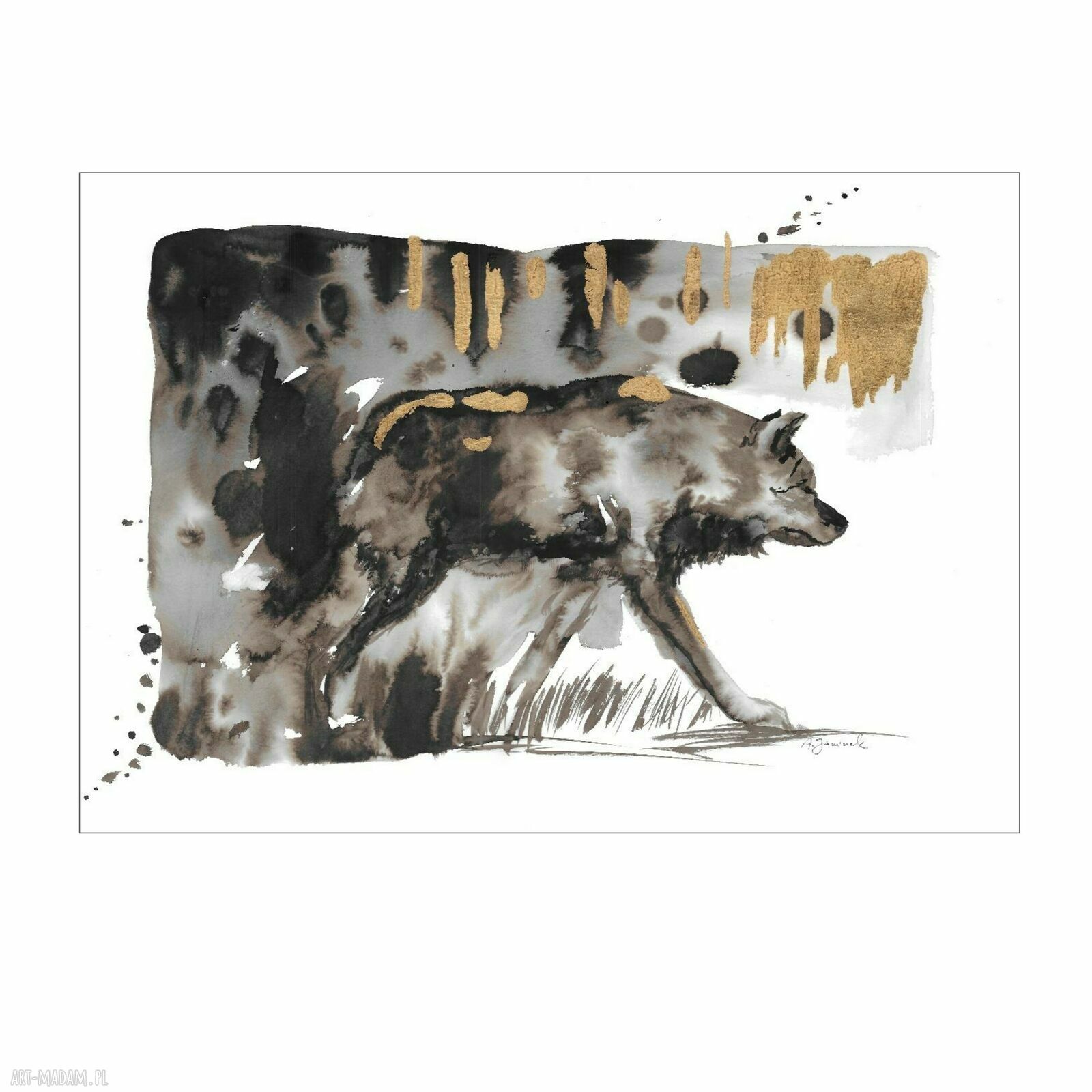 Grafika "Wilk" 50 cm x 70 cm - ręcznie malowana i złocona Ink Art