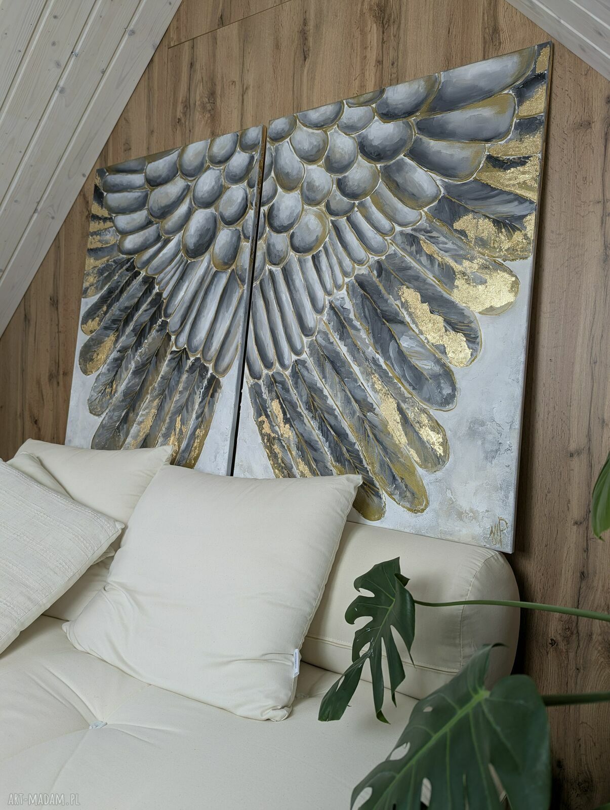 WINGS duży dyptyk 100x140 cm - ręcznie malowany obraz abstrakcyjny z skrzydłami