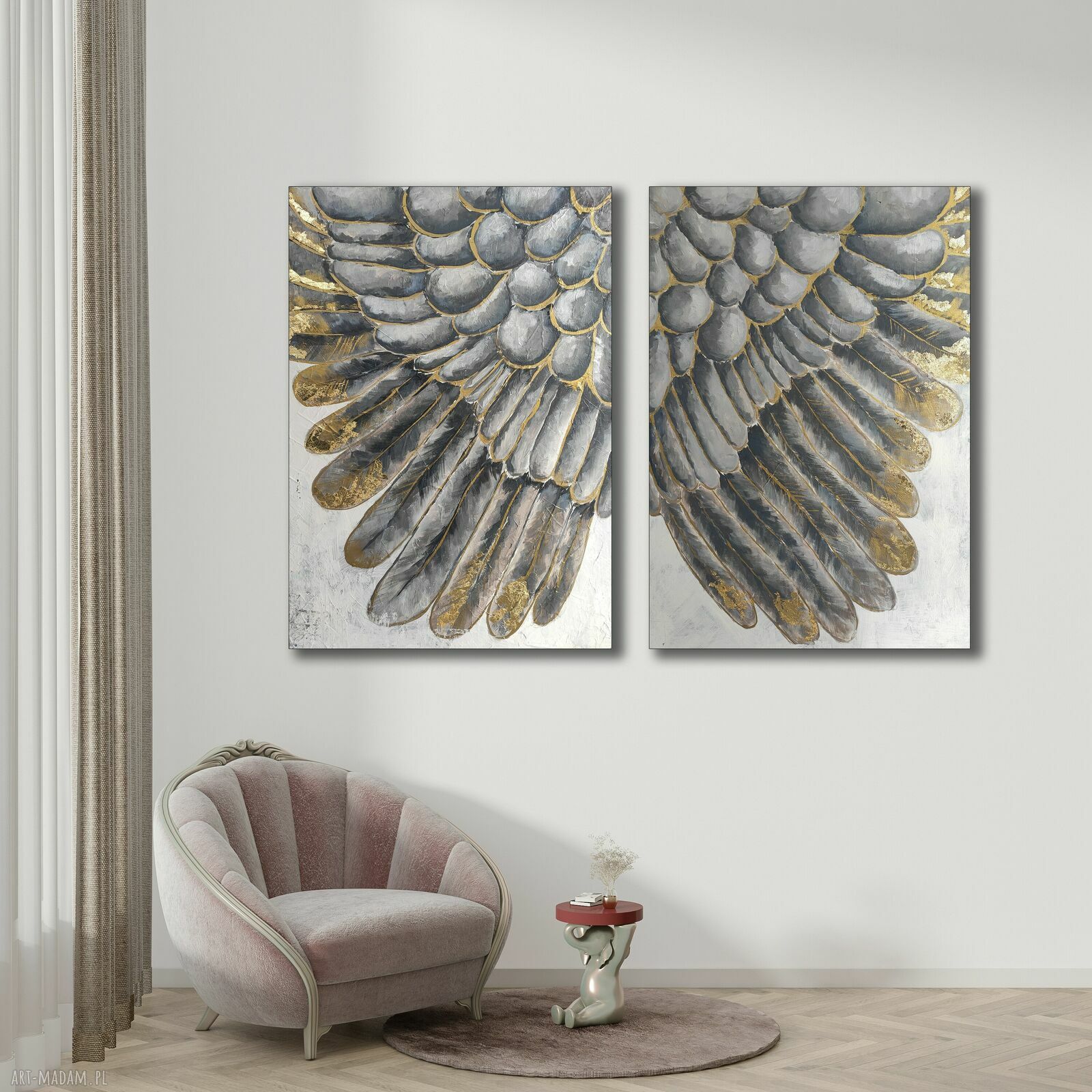 WINGS duży dyptyk 100x140 cm - ręcznie malowany obraz abstrakcyjny z skrzydłami