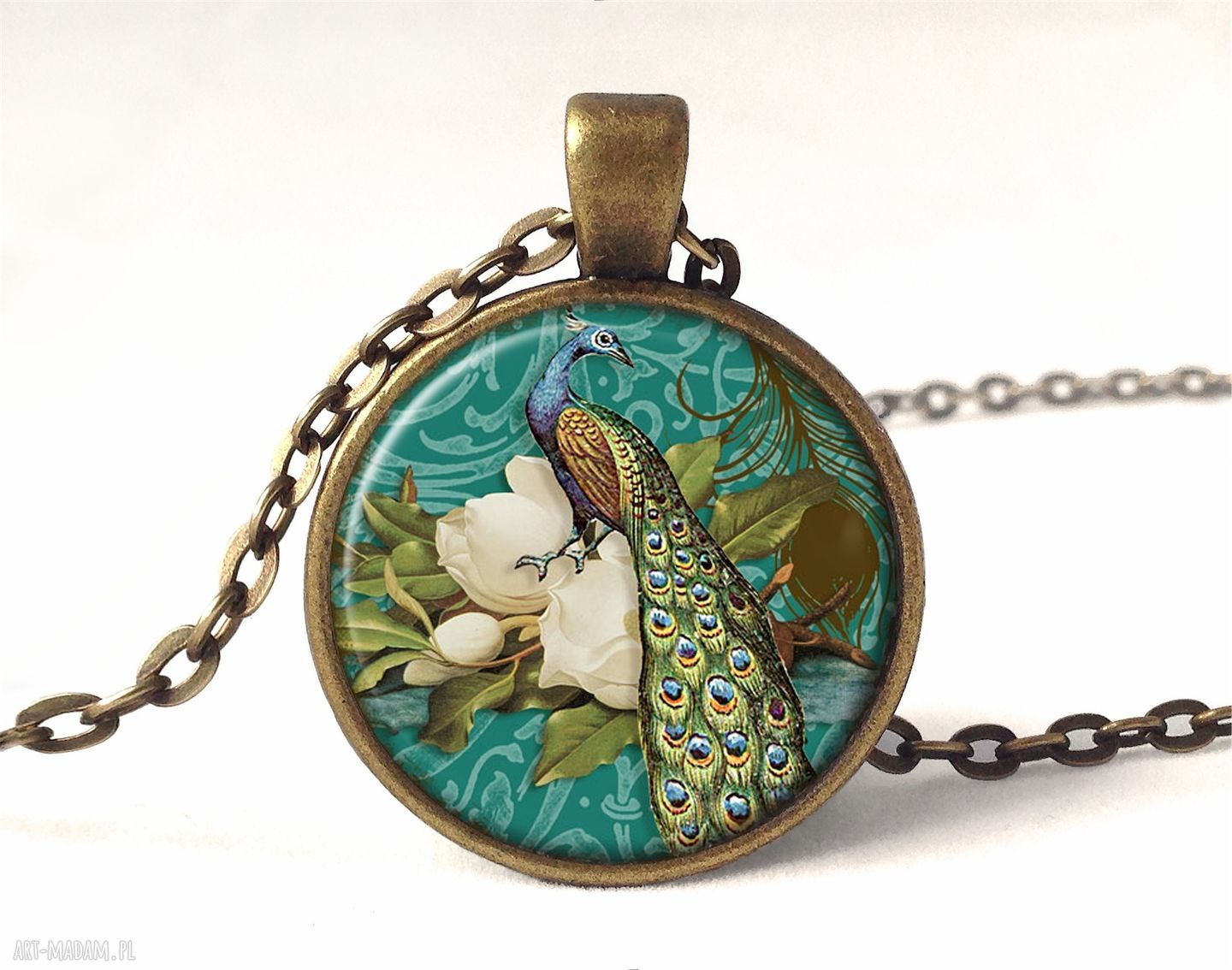 Wiktoriański paw medalion łańcuszkiem winktoriański pióra